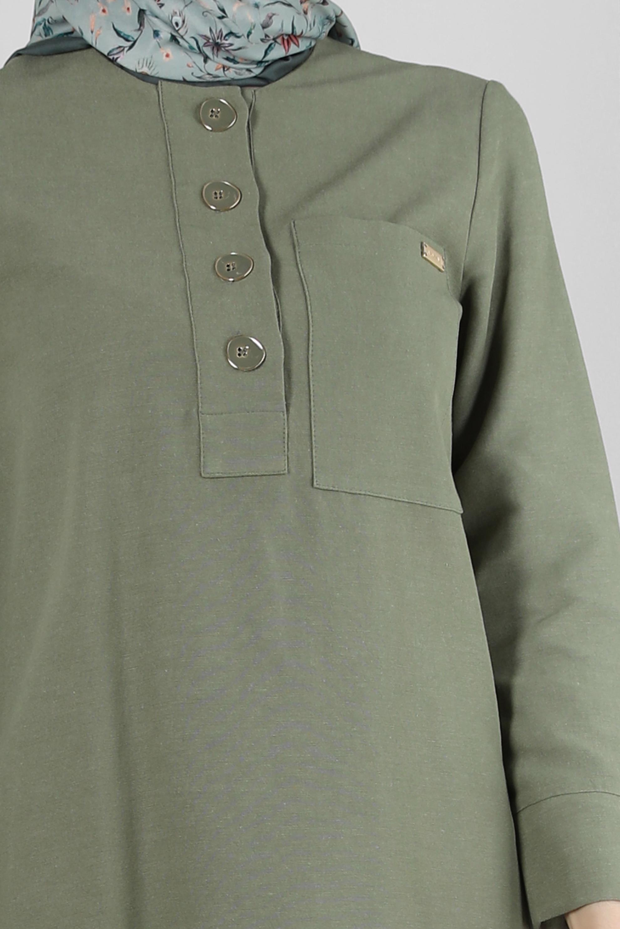 Tesettür giyim HAKİ DÜĞMELİ CEP DETAYLI İKİLİ PANTOLONLU TAKIM 43564