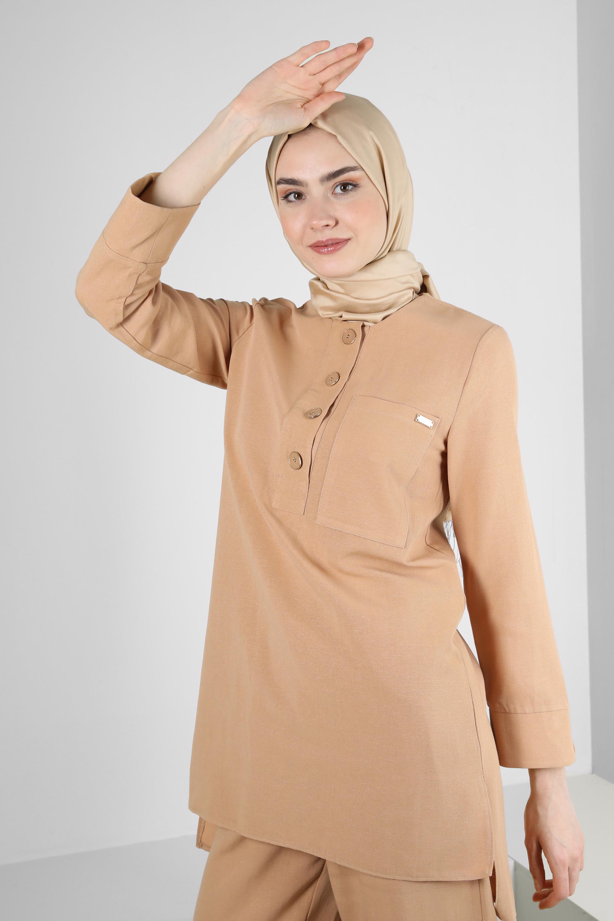 Tesettür giyim KAHVE DÜĞMELİ CEP DETAYLI İKİLİ PANTOLONLU TAKIM 43564