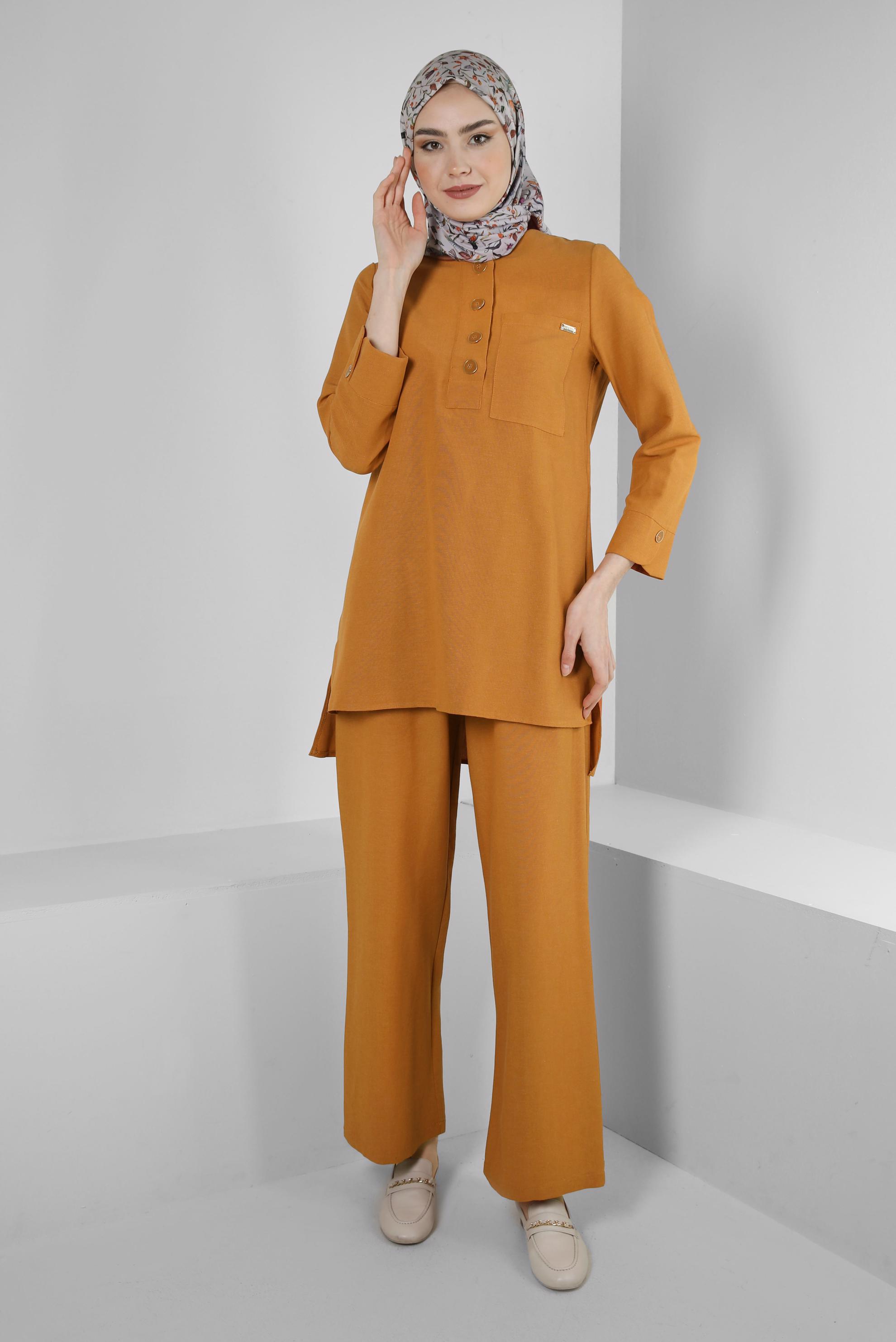 Tesettür giyim TURUNCU DÜĞMELİ CEP DETAYLI İKİLİ PANTOLONLU TAKIM 43564