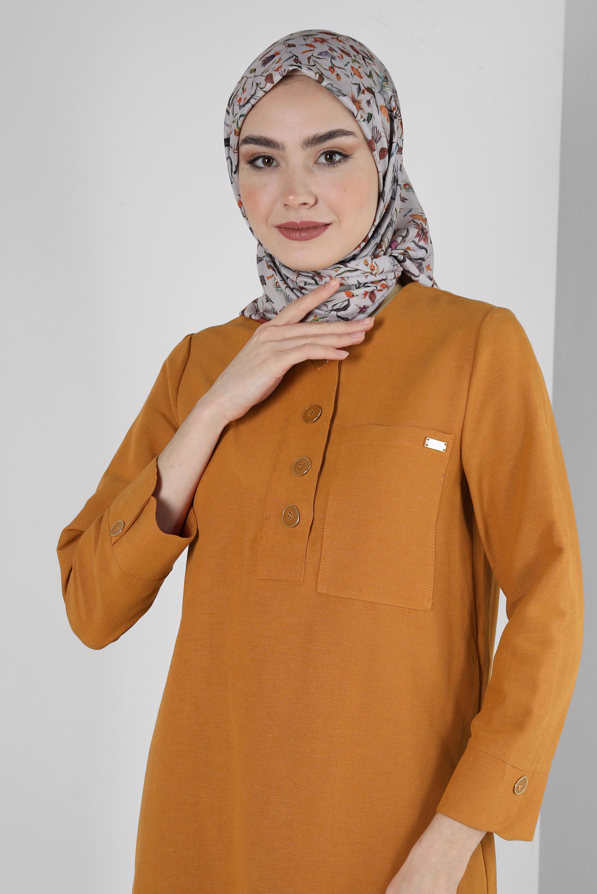 Tesettür giyim TURUNCU DÜĞMELİ CEP DETAYLI İKİLİ PANTOLONLU TAKIM 43564