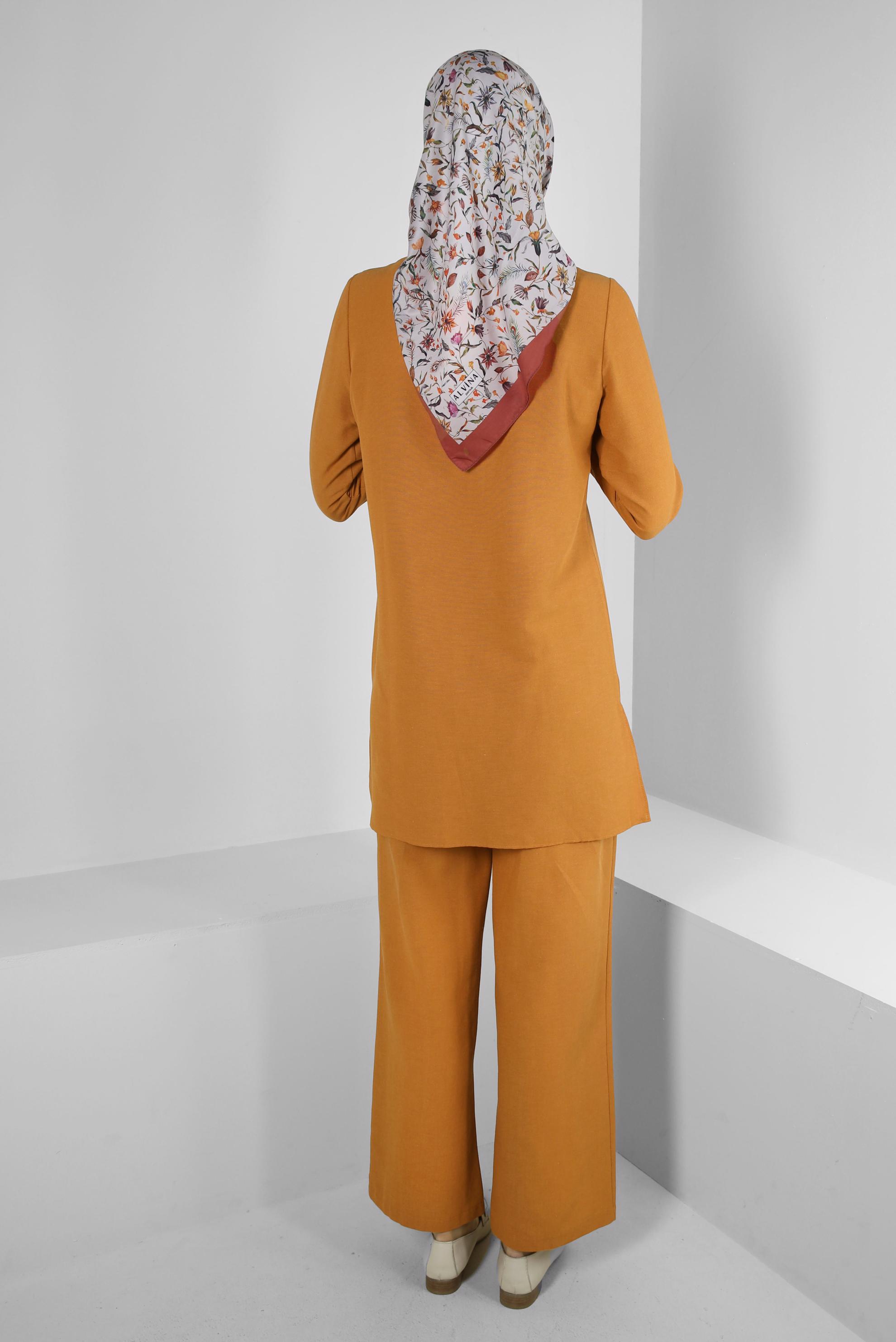Tesettür giyim TURUNCU DÜĞMELİ CEP DETAYLI İKİLİ PANTOLONLU TAKIM 43564