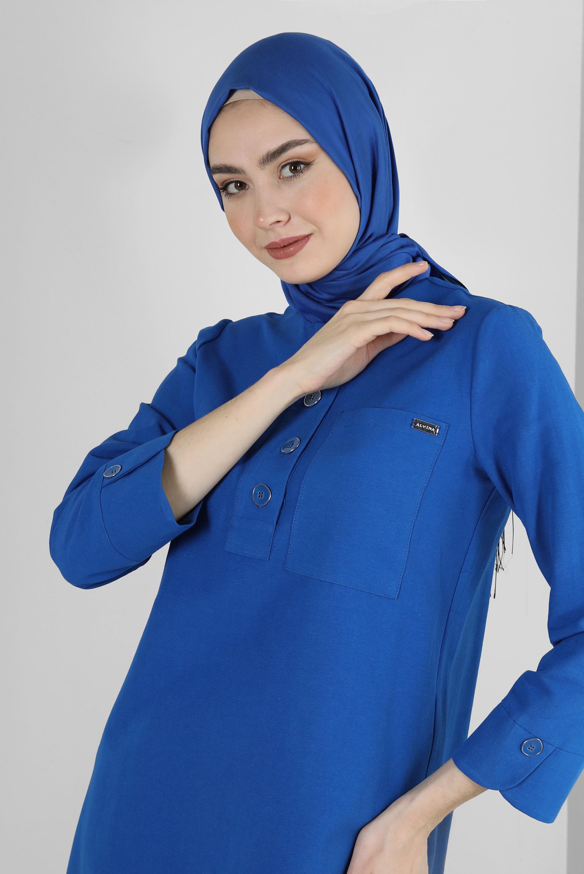 Tesettür giyim LACİVERT DÜĞMELİ CEP DETAYLI İKİLİ PANTOLONLU TAKIM 43564