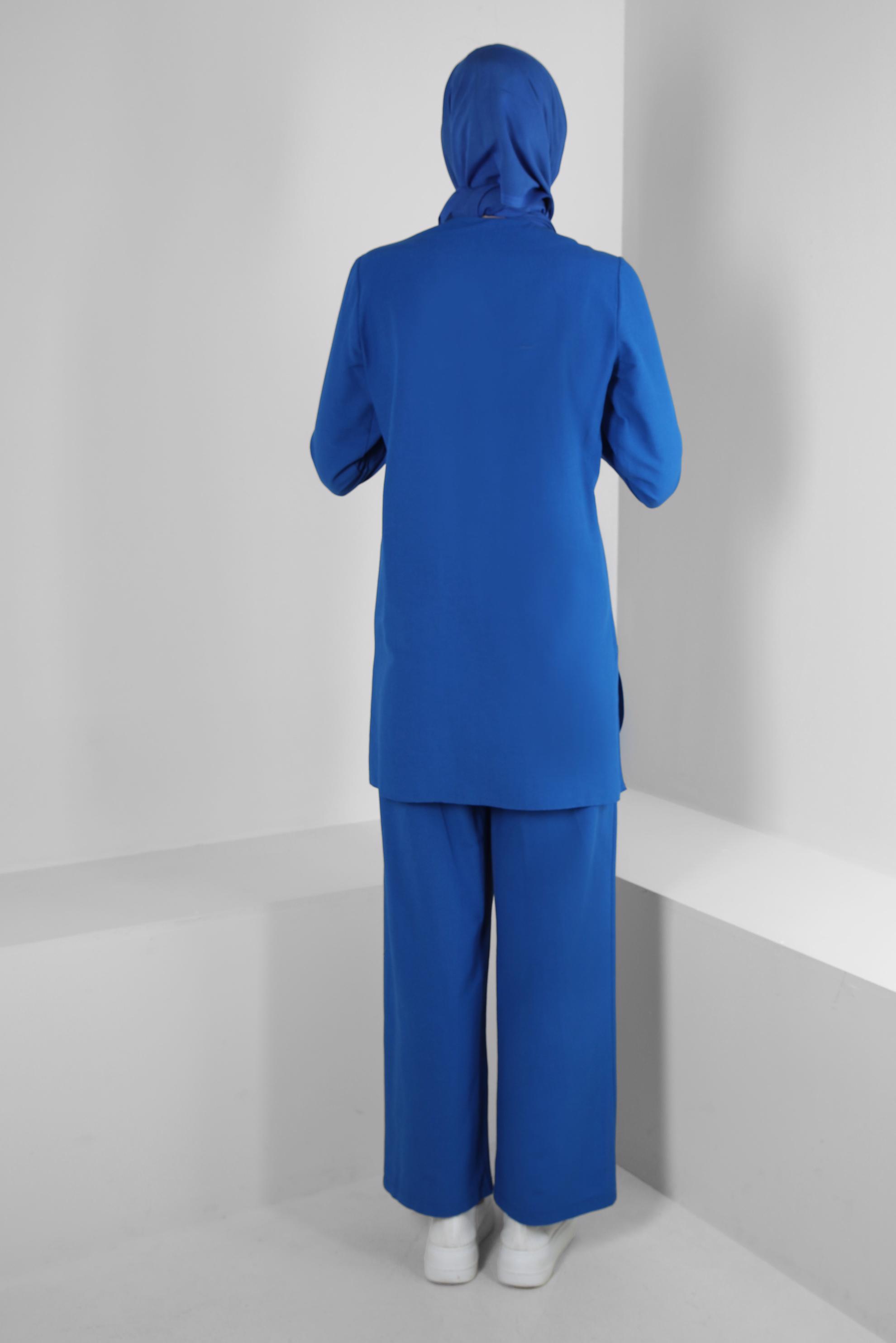 Tesettür giyim LACİVERT DÜĞMELİ CEP DETAYLI İKİLİ PANTOLONLU TAKIM 43564