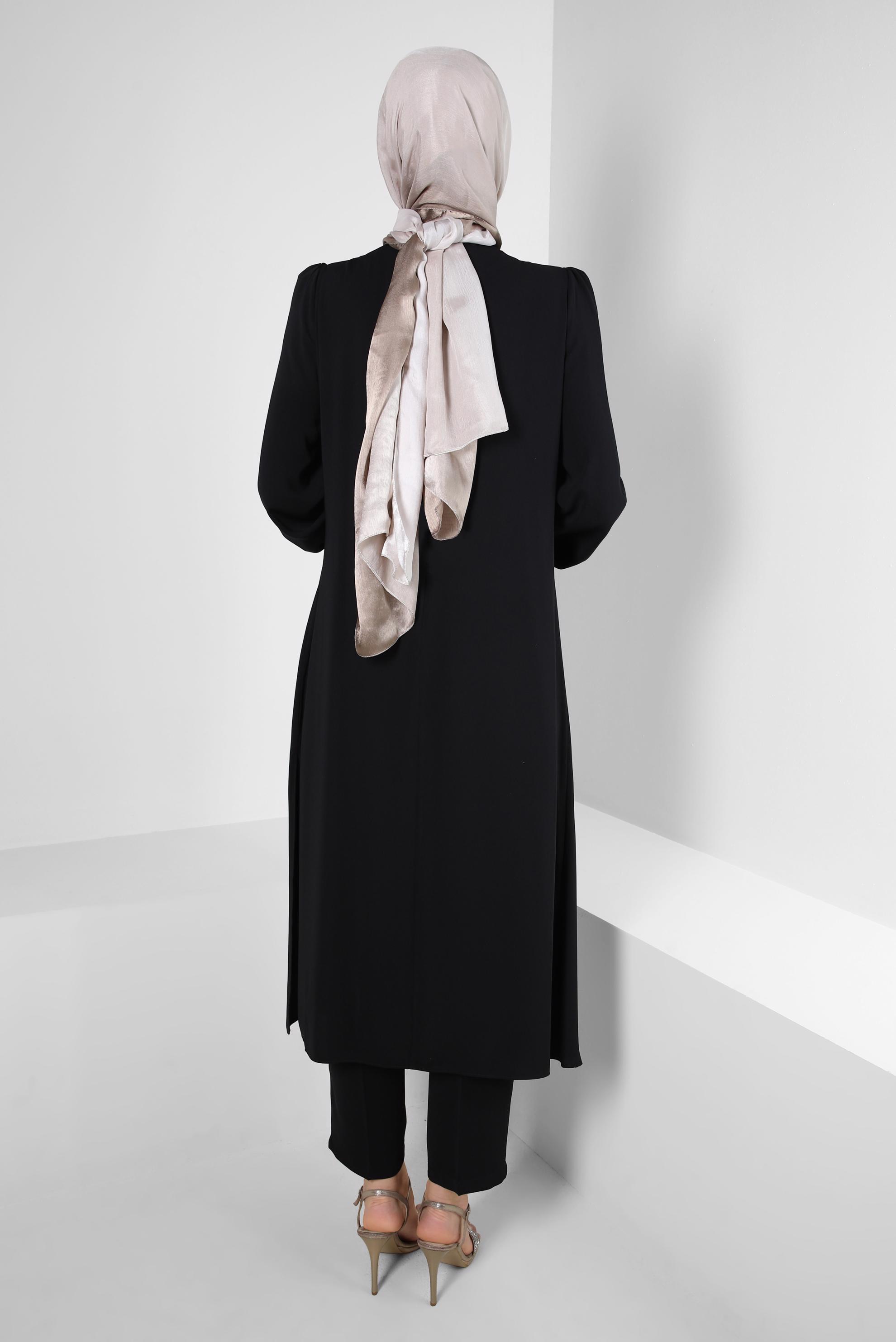 Tesettür giyim SİYAH TAŞ BASKILI BİSİKLET YAKA PANTOLONLU TAKIM 43578