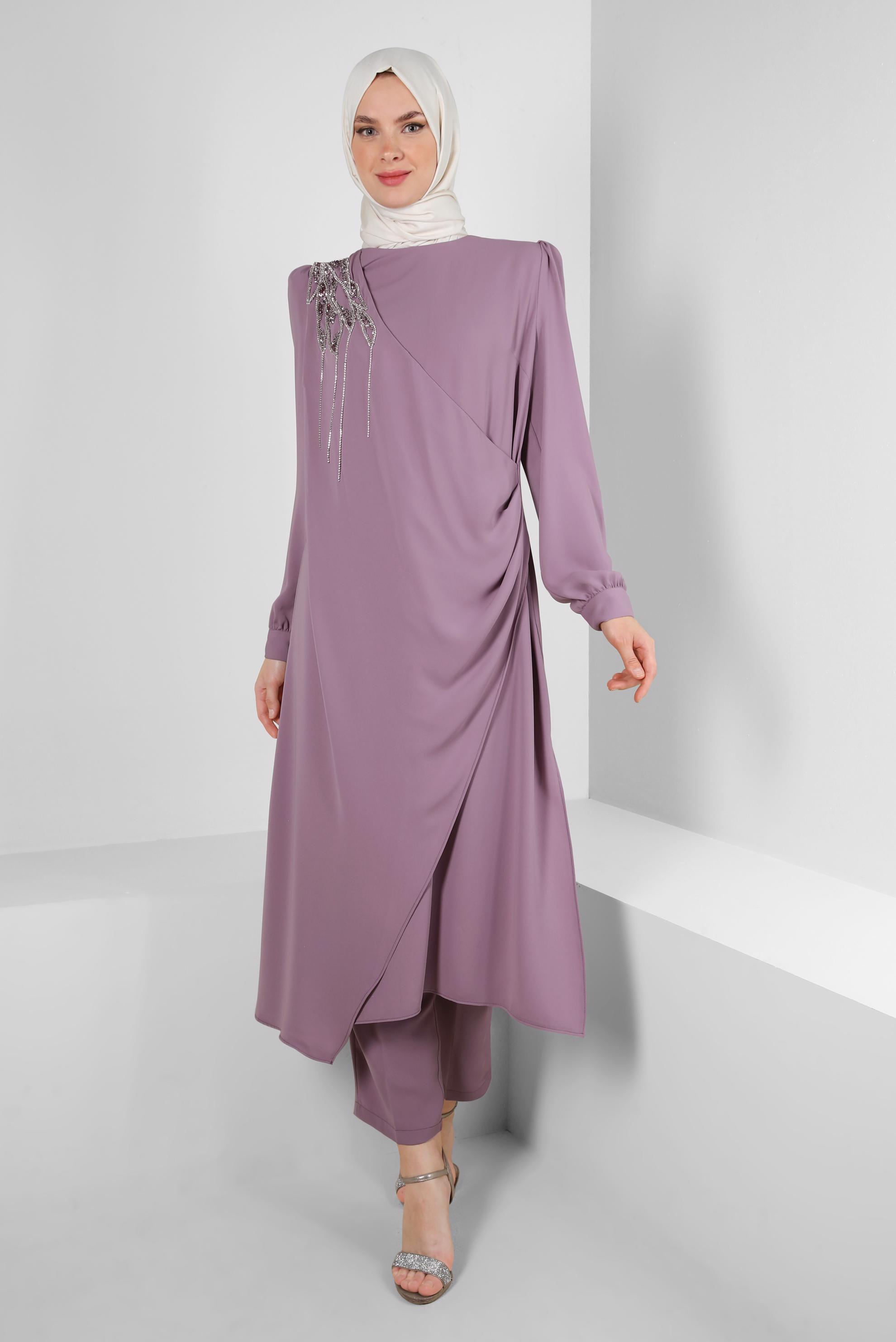 Tesettür giyim MOR TAŞ BASKILI BİSİKLET YAKA PANTOLONLU TAKIM 43578