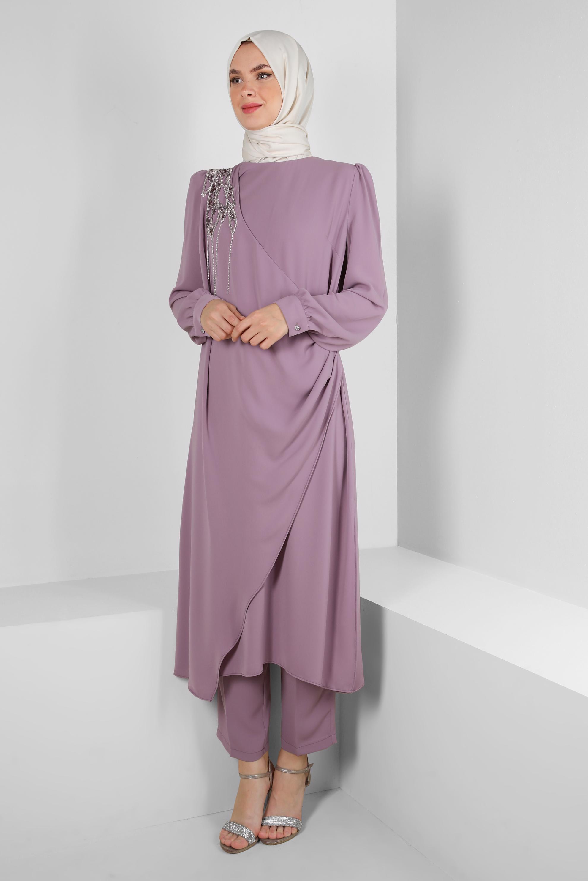 Tesettür giyim MOR TAŞ BASKILI BİSİKLET YAKA PANTOLONLU TAKIM 43578