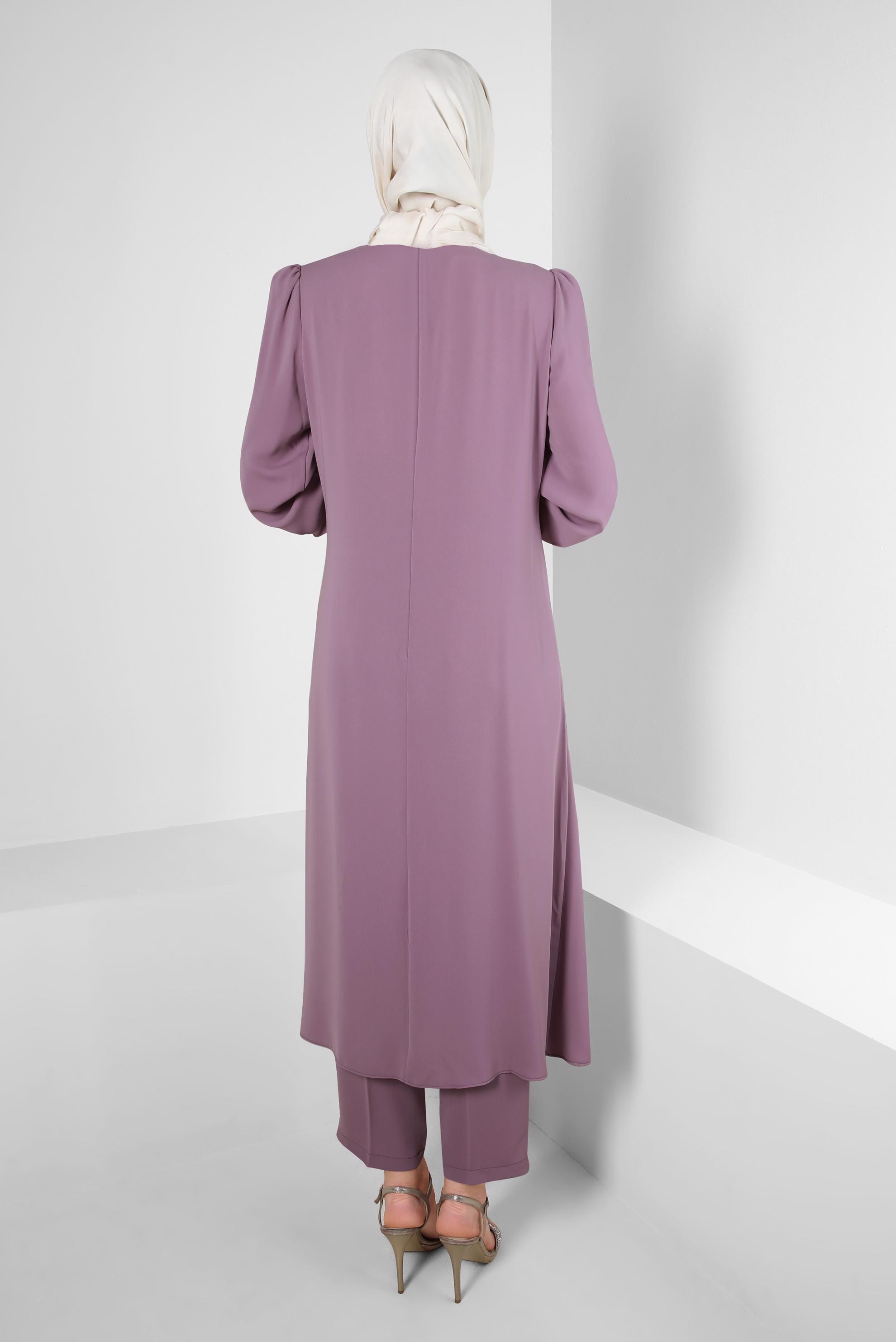 Tesettür giyim MOR TAŞ BASKILI BİSİKLET YAKA PANTOLONLU TAKIM 43578