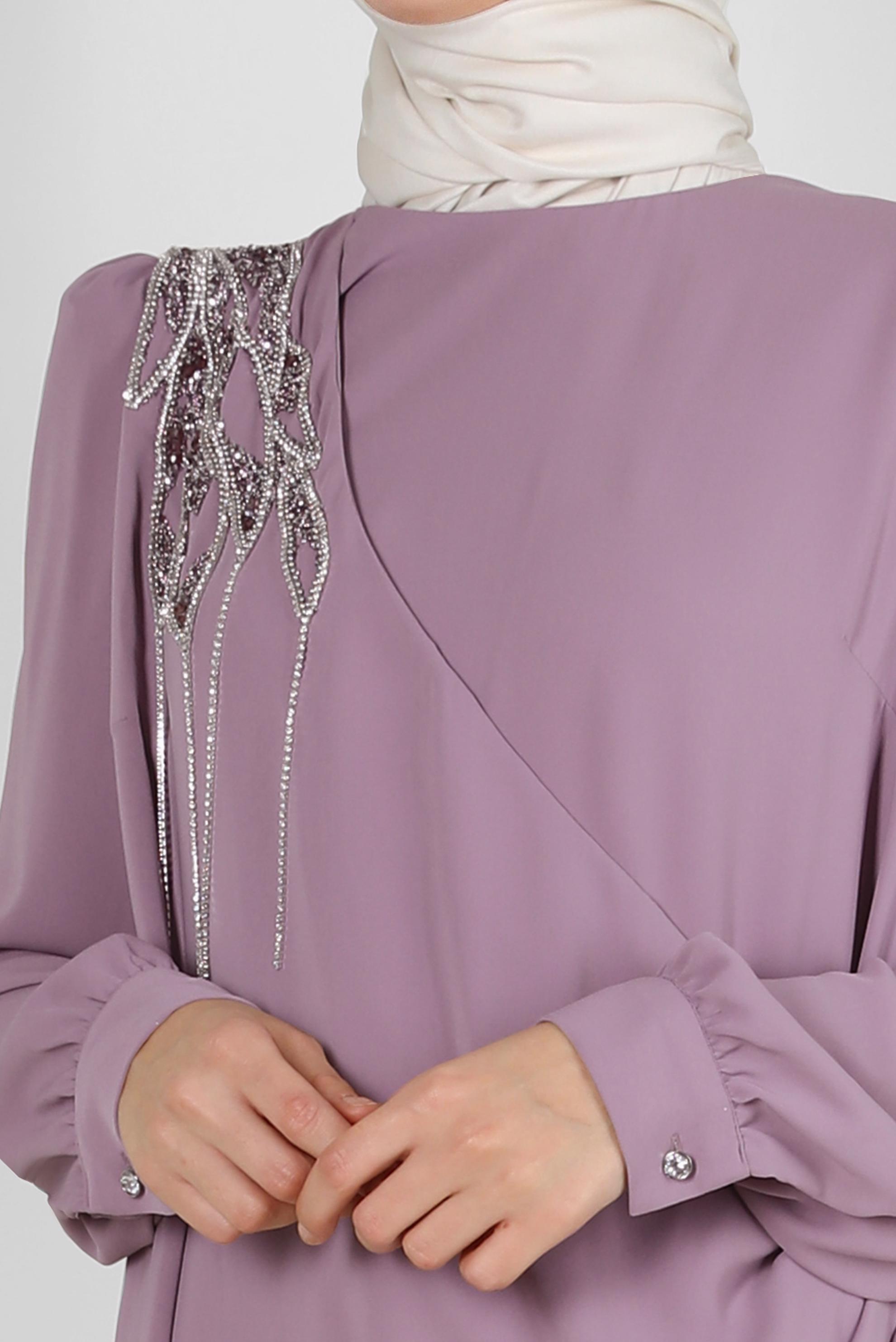 Tesettür giyim MOR TAŞ BASKILI BİSİKLET YAKA PANTOLONLU TAKIM 43578