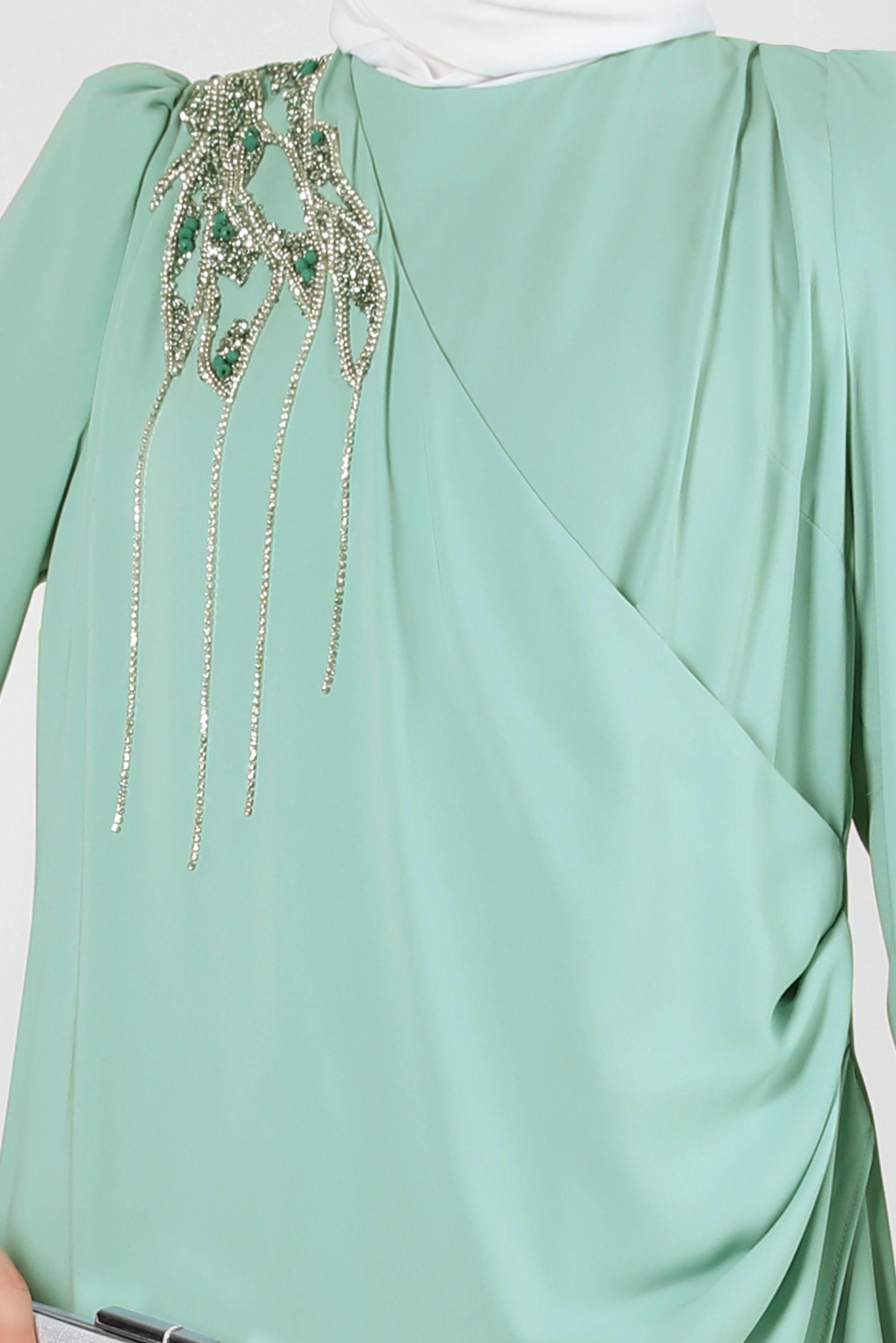 Tesettür giyim YEŞİL TAŞ BASKILI BİSİKLET YAKA PANTOLONLU TAKIM 43578