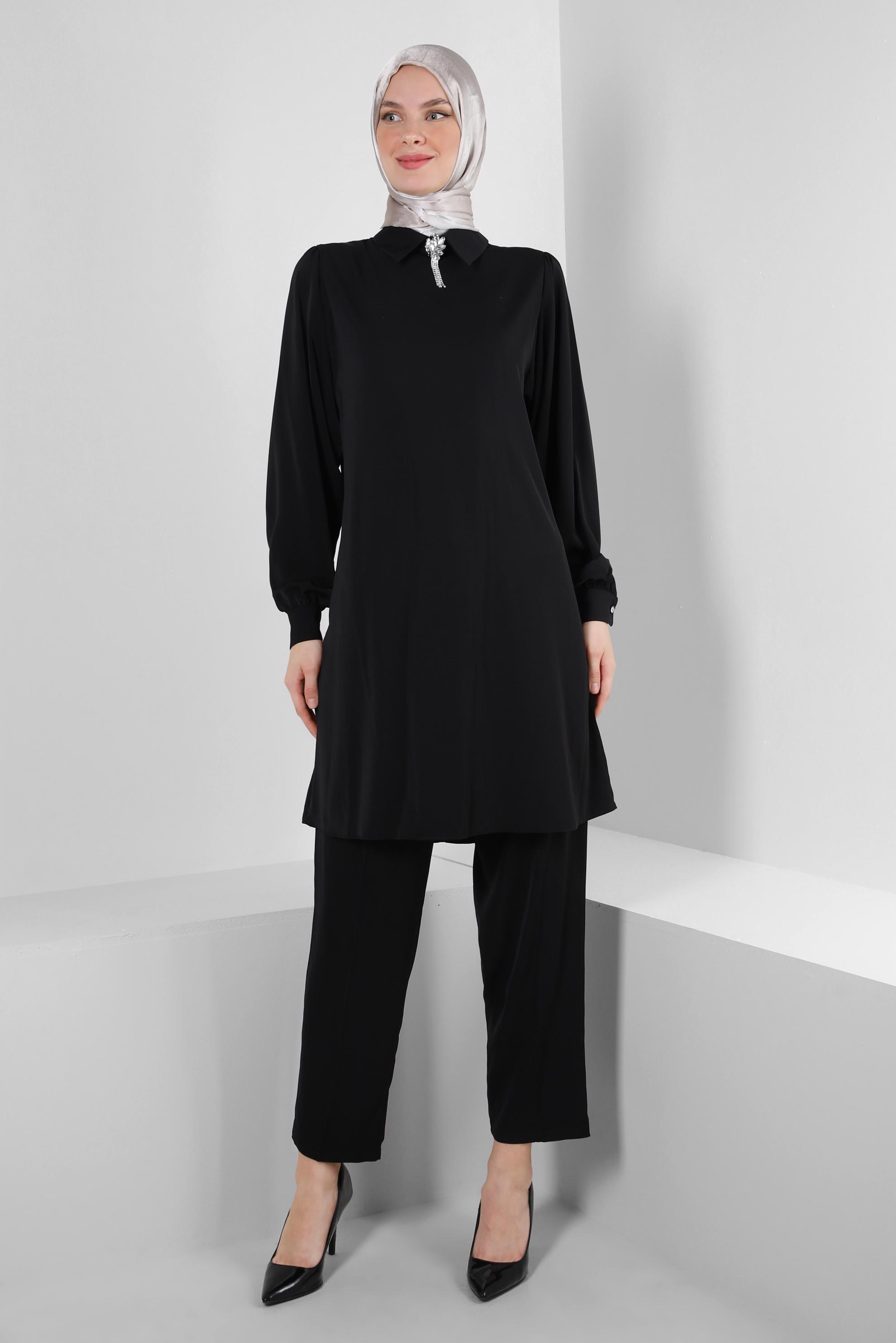Tesettür giyim SİYAH GÖMLEK YAKA TAŞ DETAYLI PANTOLONLU TAKIM 43587