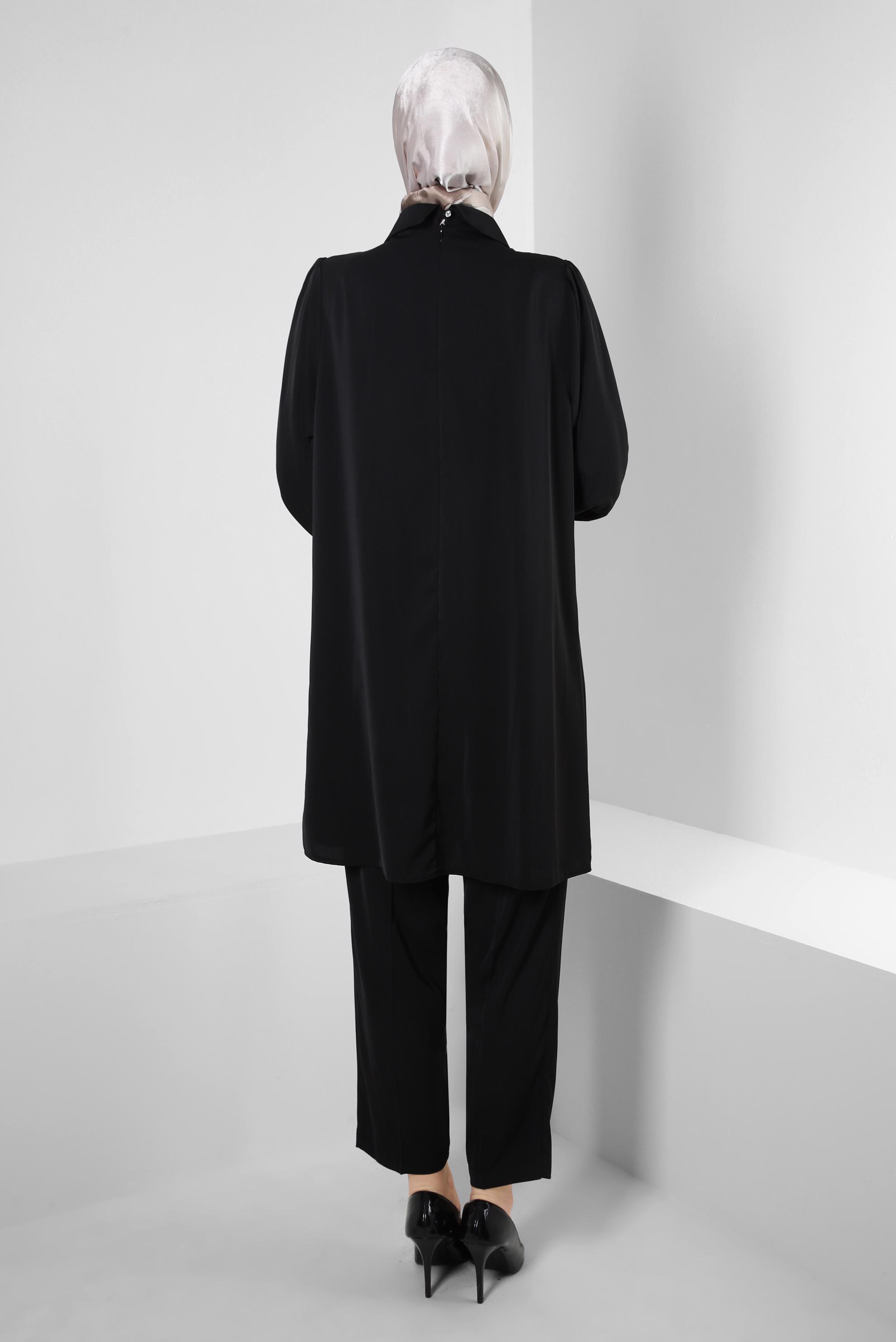 Tesettür giyim SİYAH GÖMLEK YAKA TAŞ DETAYLI PANTOLONLU TAKIM 43587