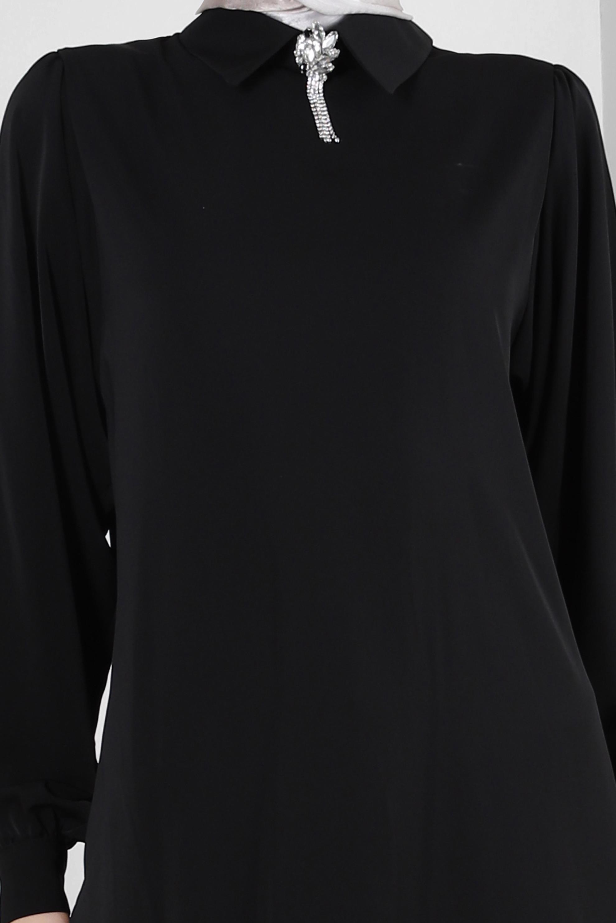 Tesettür giyim SİYAH GÖMLEK YAKA TAŞ DETAYLI PANTOLONLU TAKIM 43587