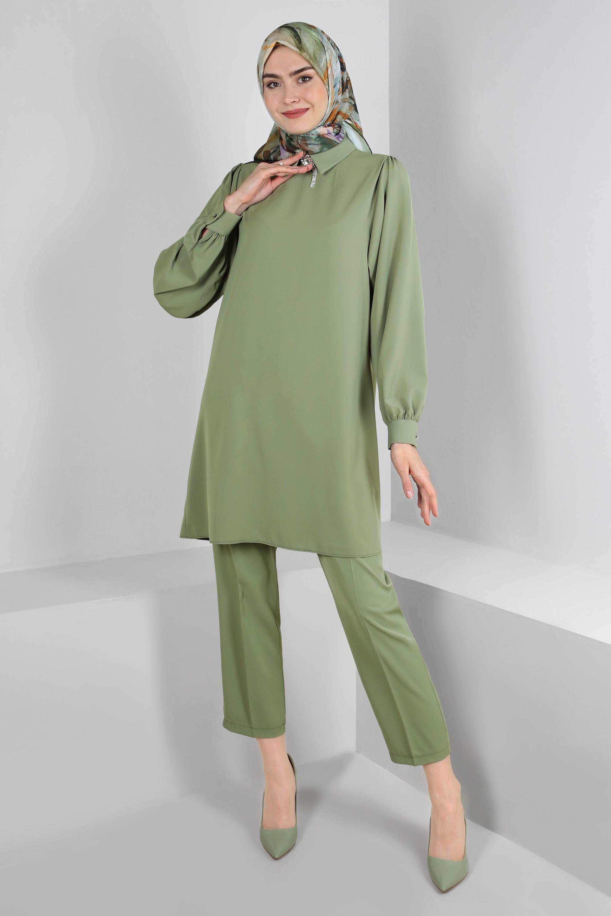 Tesettür giyim HAKİ GÖMLEK YAKA TAŞ DETAYLI PANTOLONLU TAKIM 43587