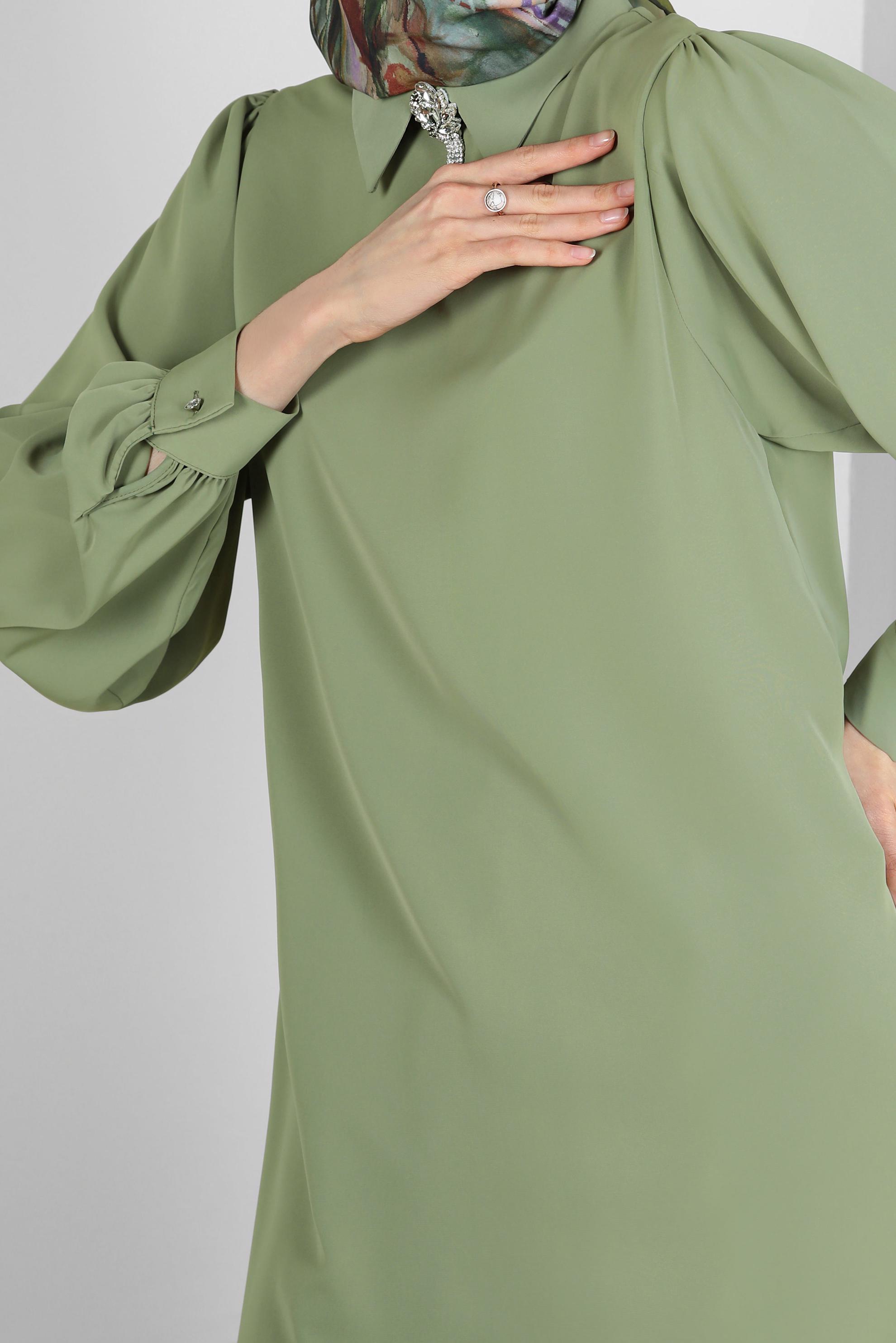 Tesettür giyim HAKİ GÖMLEK YAKA TAŞ DETAYLI PANTOLONLU TAKIM 43587