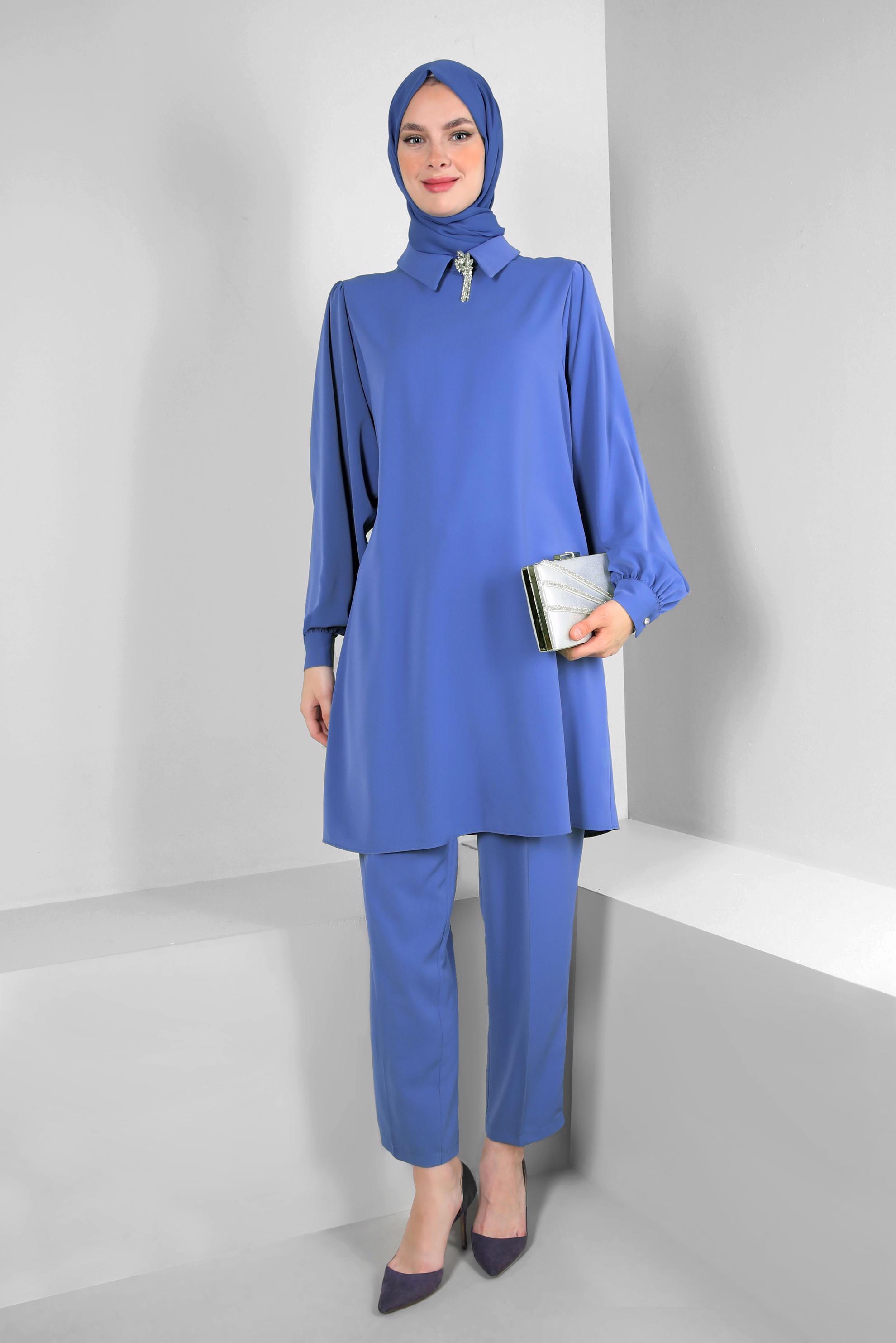 Tesettür giyim LACİVERT GÖMLEK YAKA TAŞ DETAYLI PANTOLONLU TAKIM 43587