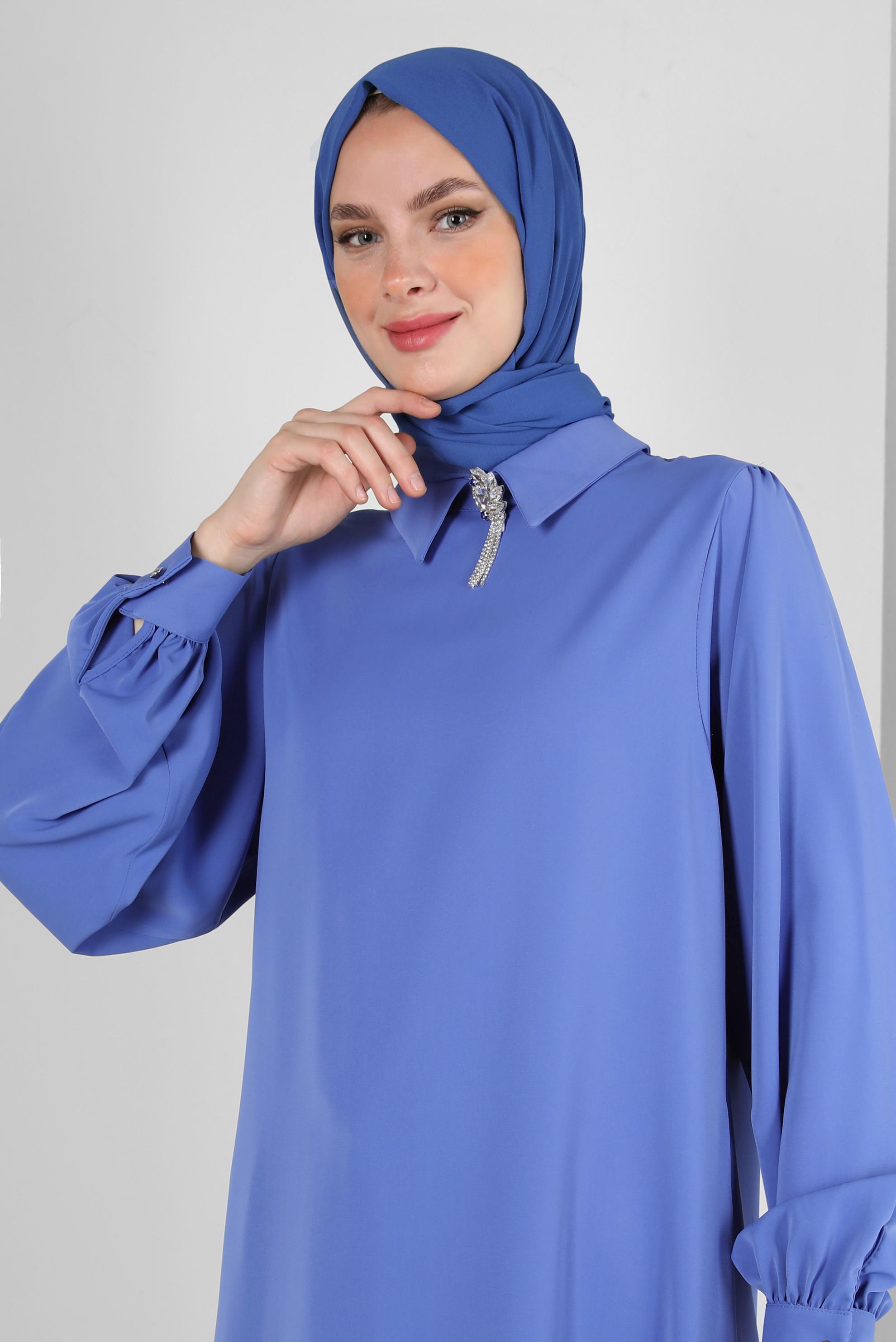 Tesettür giyim LACİVERT GÖMLEK YAKA TAŞ DETAYLI PANTOLONLU TAKIM 43587