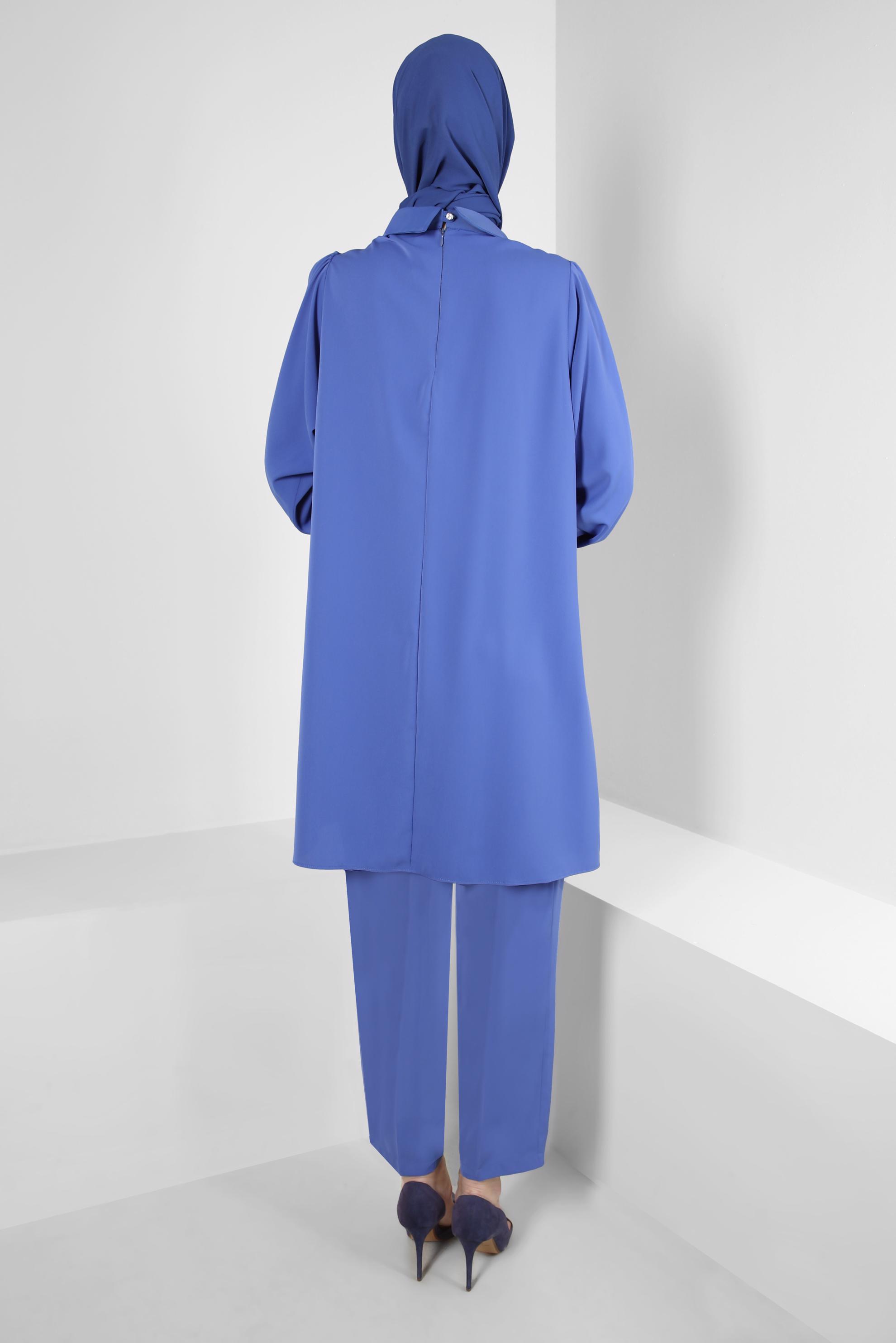 Tesettür giyim LACİVERT GÖMLEK YAKA TAŞ DETAYLI PANTOLONLU TAKIM 43587