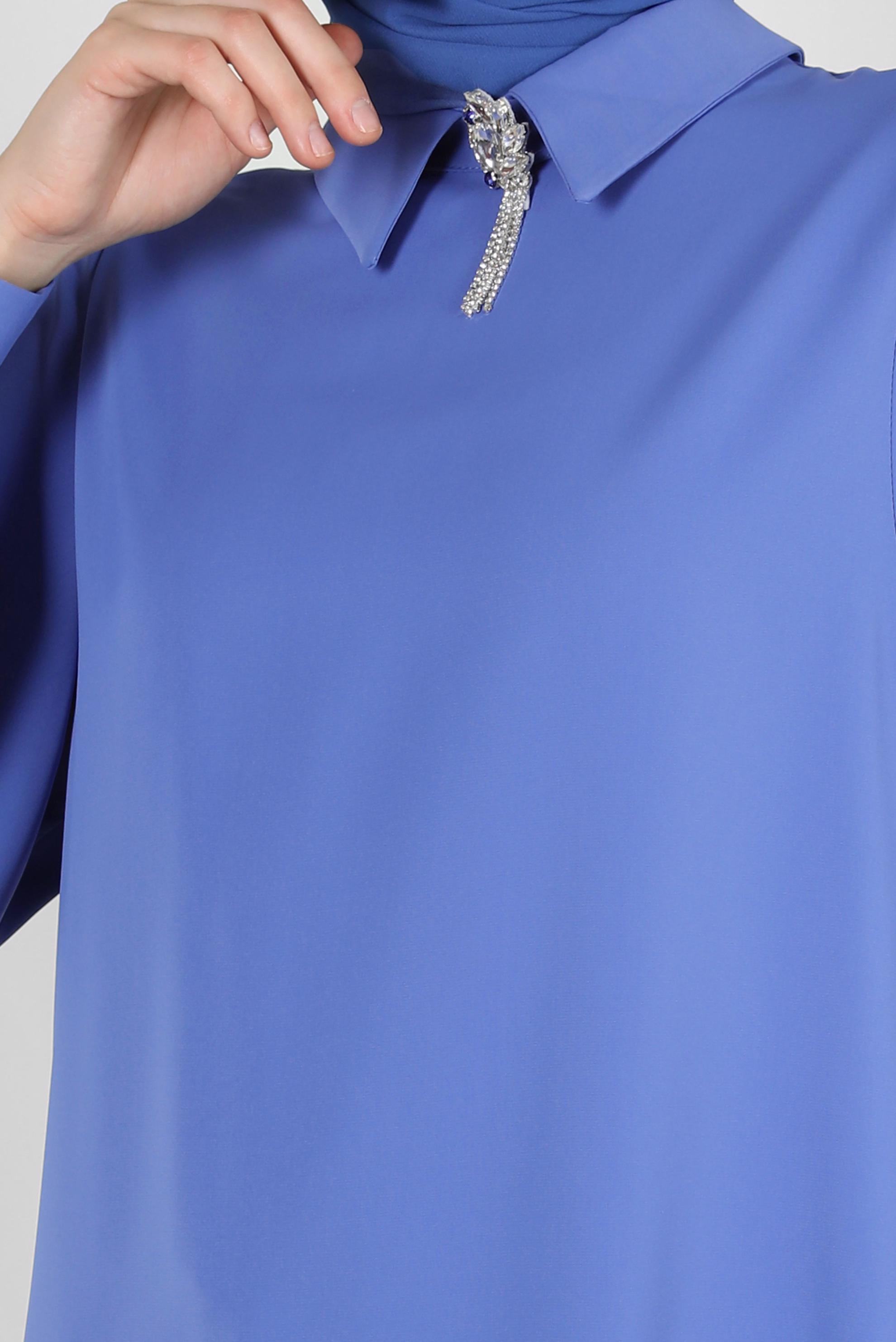 Tesettür giyim LACİVERT GÖMLEK YAKA TAŞ DETAYLI PANTOLONLU TAKIM 43587