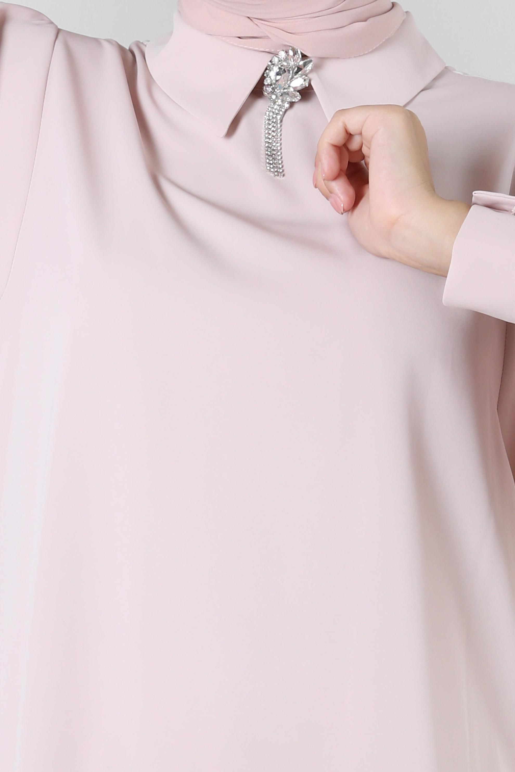 Tesettür giyim BEJ GÖMLEK YAKA TAŞ DETAYLI PANTOLONLU TAKIM 43587