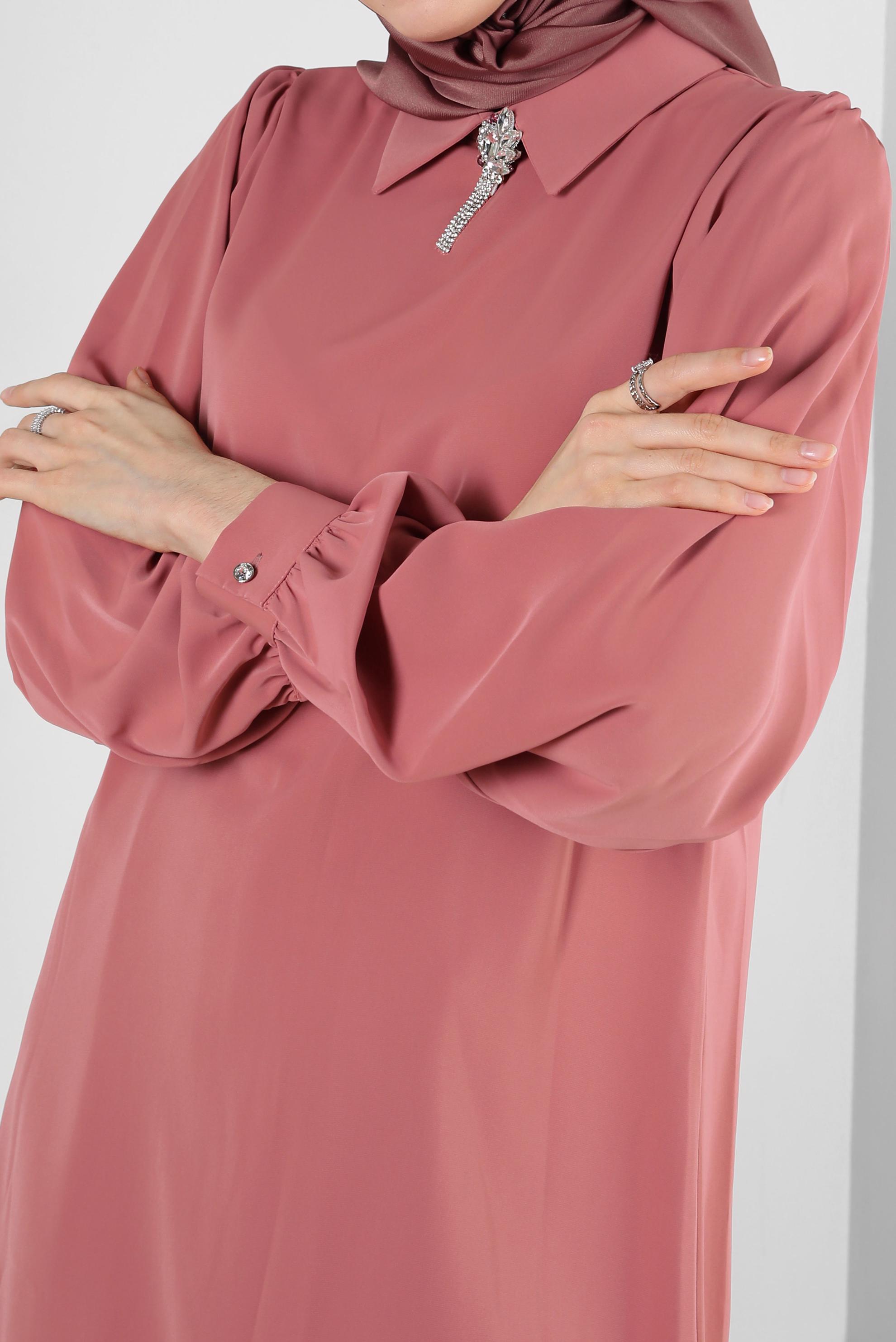Tesettür giyim PEMBE GÖMLEK YAKA TAŞ DETAYLI PANTOLONLU TAKIM 43587
