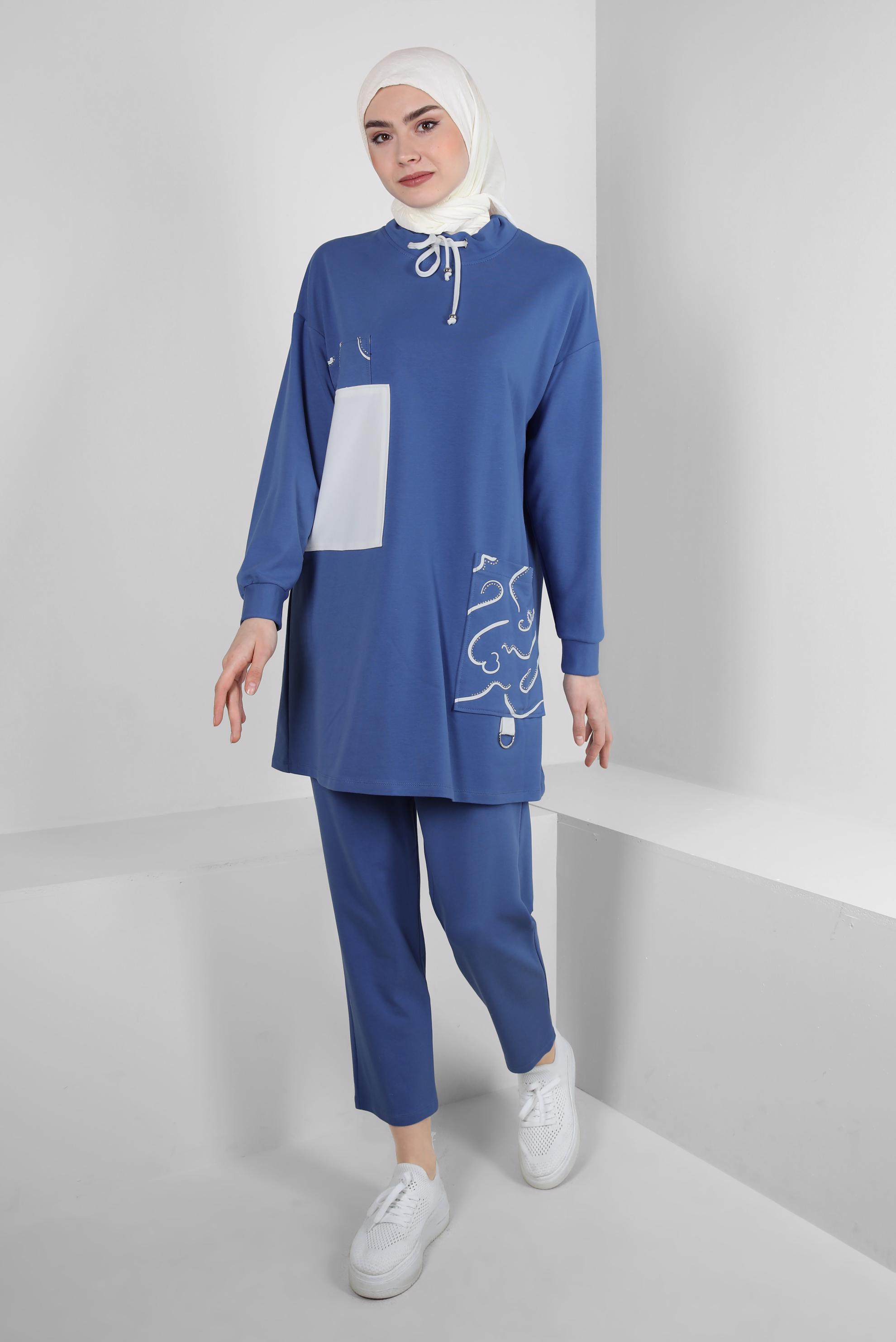 Tesettür giyim MAVİ DESENLİ YAKASI BAĞCIKLI İKİLİ PANTOLONLU TAKIM 43593