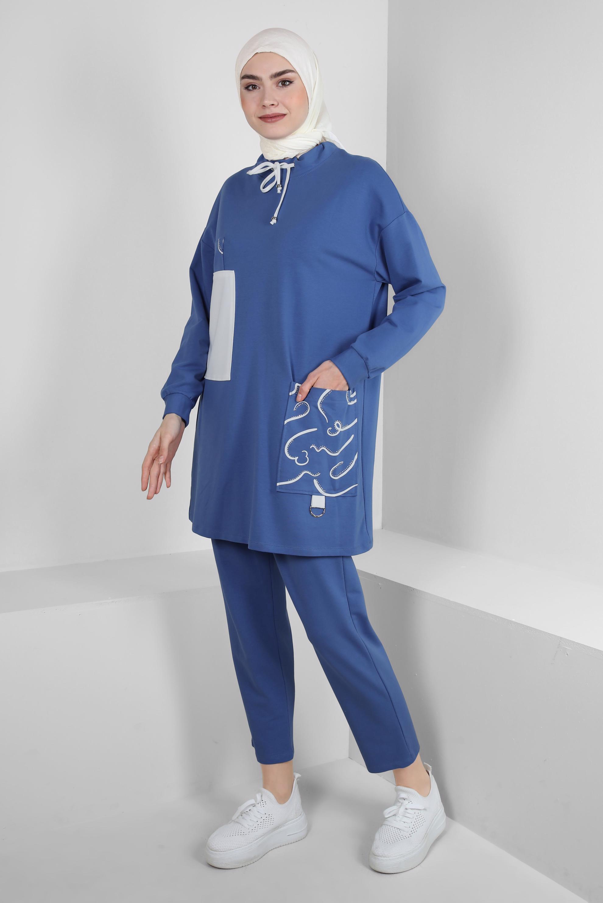 Tesettür giyim MAVİ DESENLİ YAKASI BAĞCIKLI İKİLİ PANTOLONLU TAKIM 43593