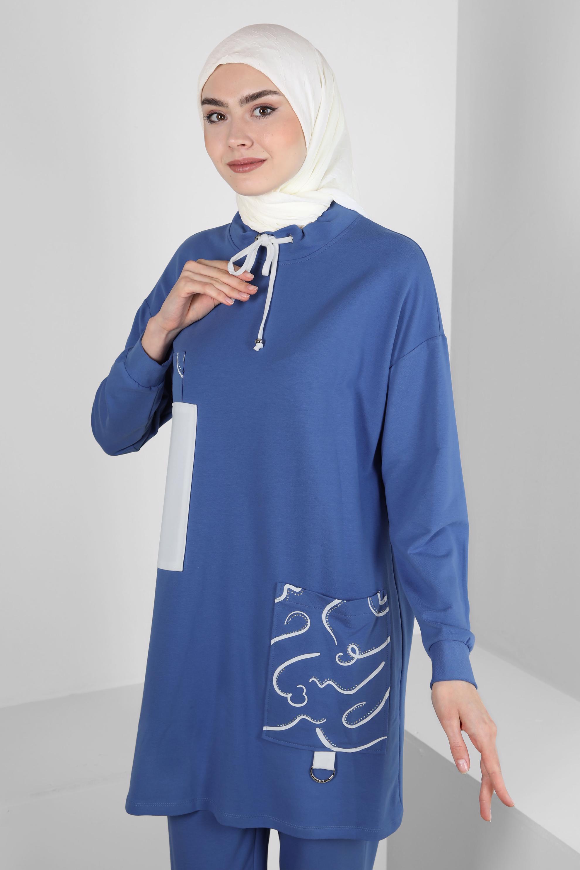 Tesettür giyim MAVİ DESENLİ YAKASI BAĞCIKLI İKİLİ PANTOLONLU TAKIM 43593