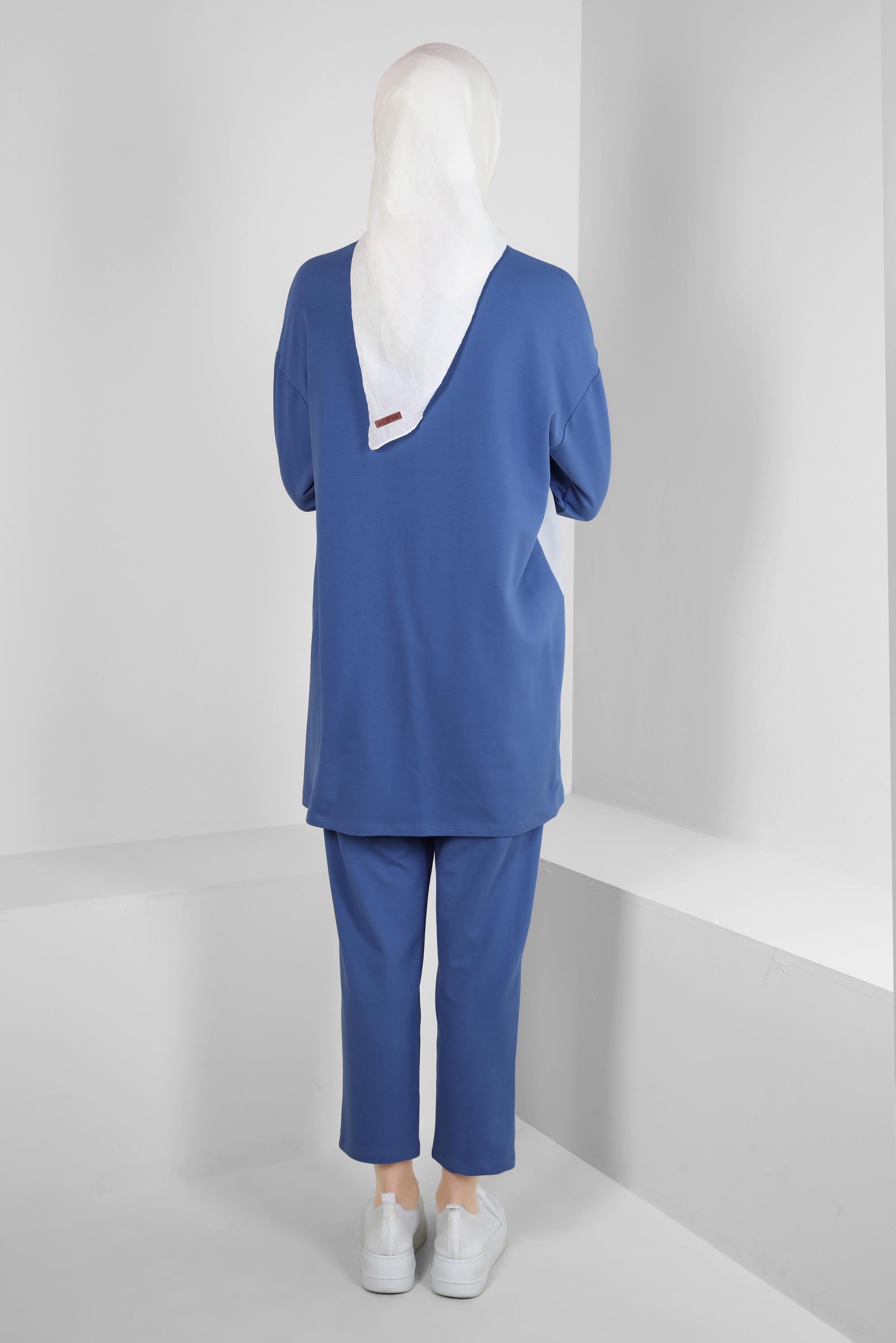 Tesettür giyim MAVİ DESENLİ YAKASI BAĞCIKLI İKİLİ PANTOLONLU TAKIM 43593