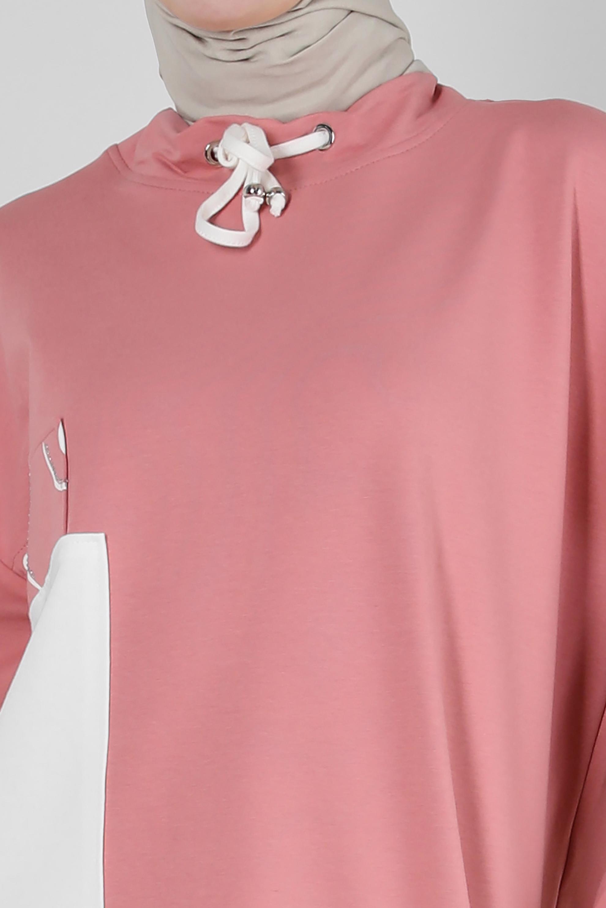 Tesettür giyim PEMBE DESENLİ YAKASI BAĞCIKLI İKİLİ PANTOLONLU TAKIM 43593