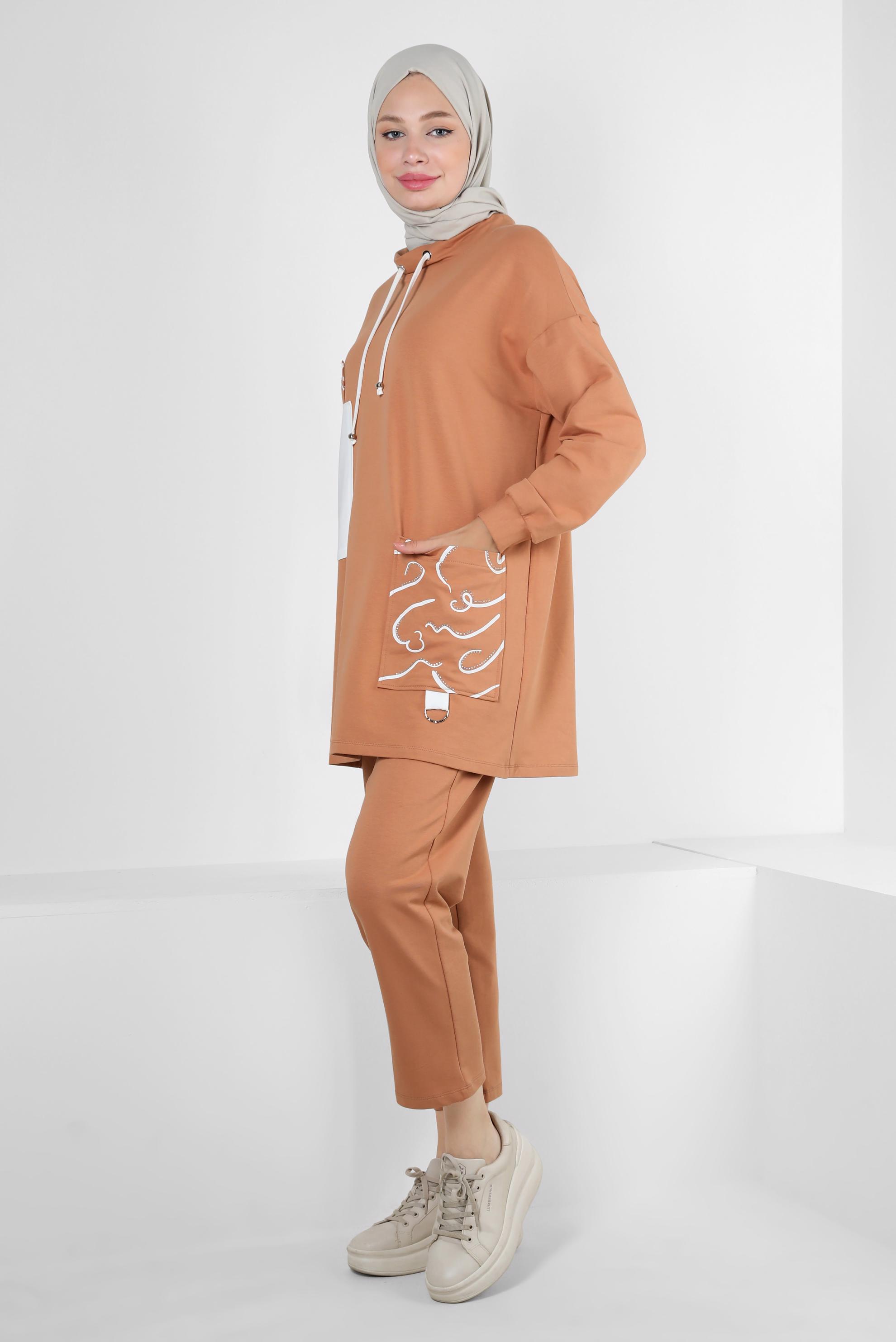 Tesettür giyim PEMBE DESENLİ YAKASI BAĞCIKLI İKİLİ PANTOLONLU TAKIM 43593