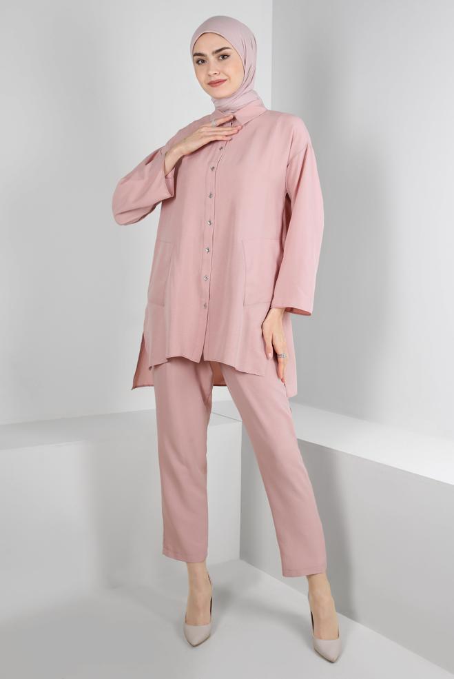 Tesettür giyim  GÖMLEK YAKA DÜĞMELİ İKİLİ PANTOLONLU TAKIM 43597 - ALVİNA