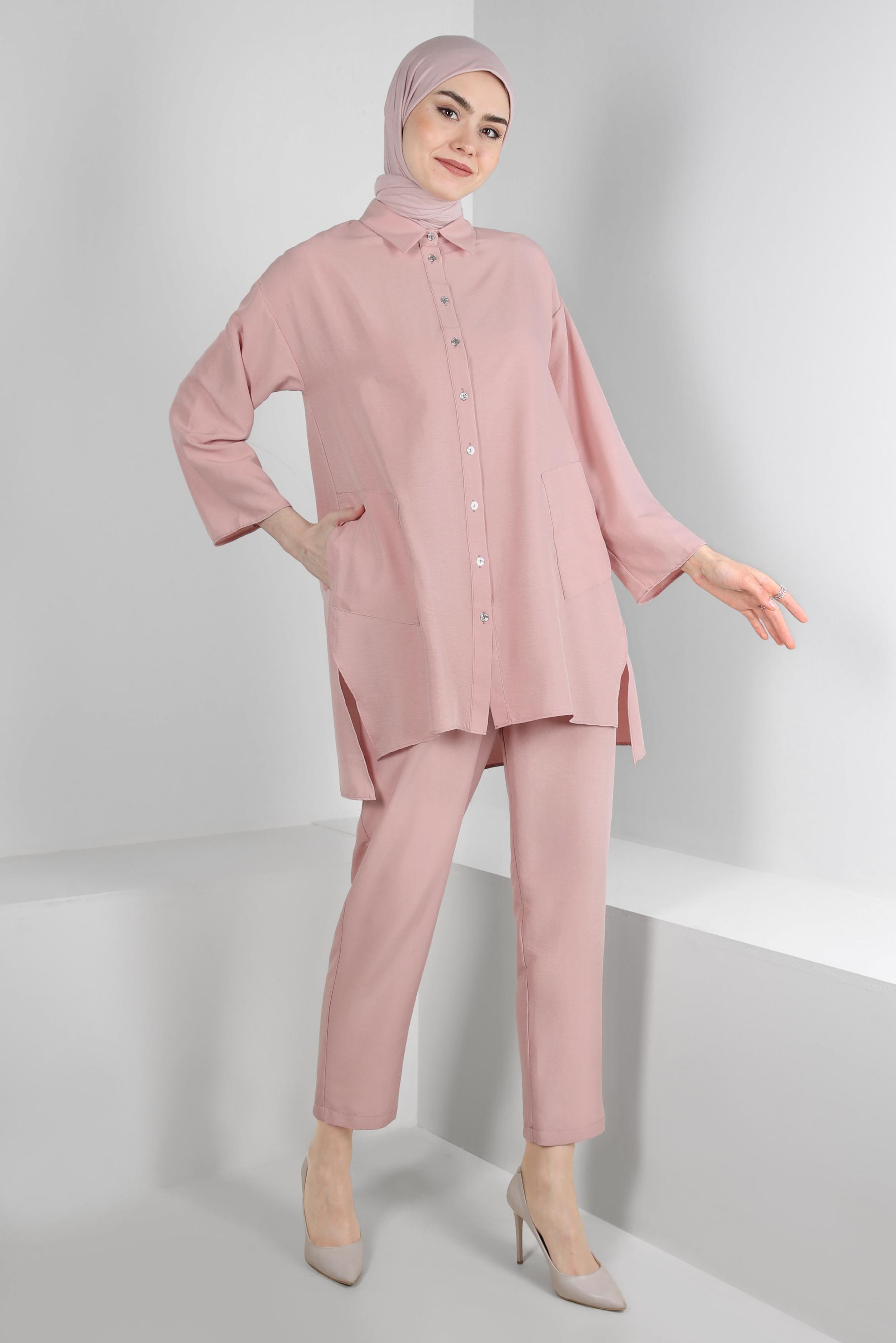 Tesettür giyim PUDRA GÖMLEK YAKA DÜĞMELİ İKİLİ PANTOLONLU TAKIM 43597