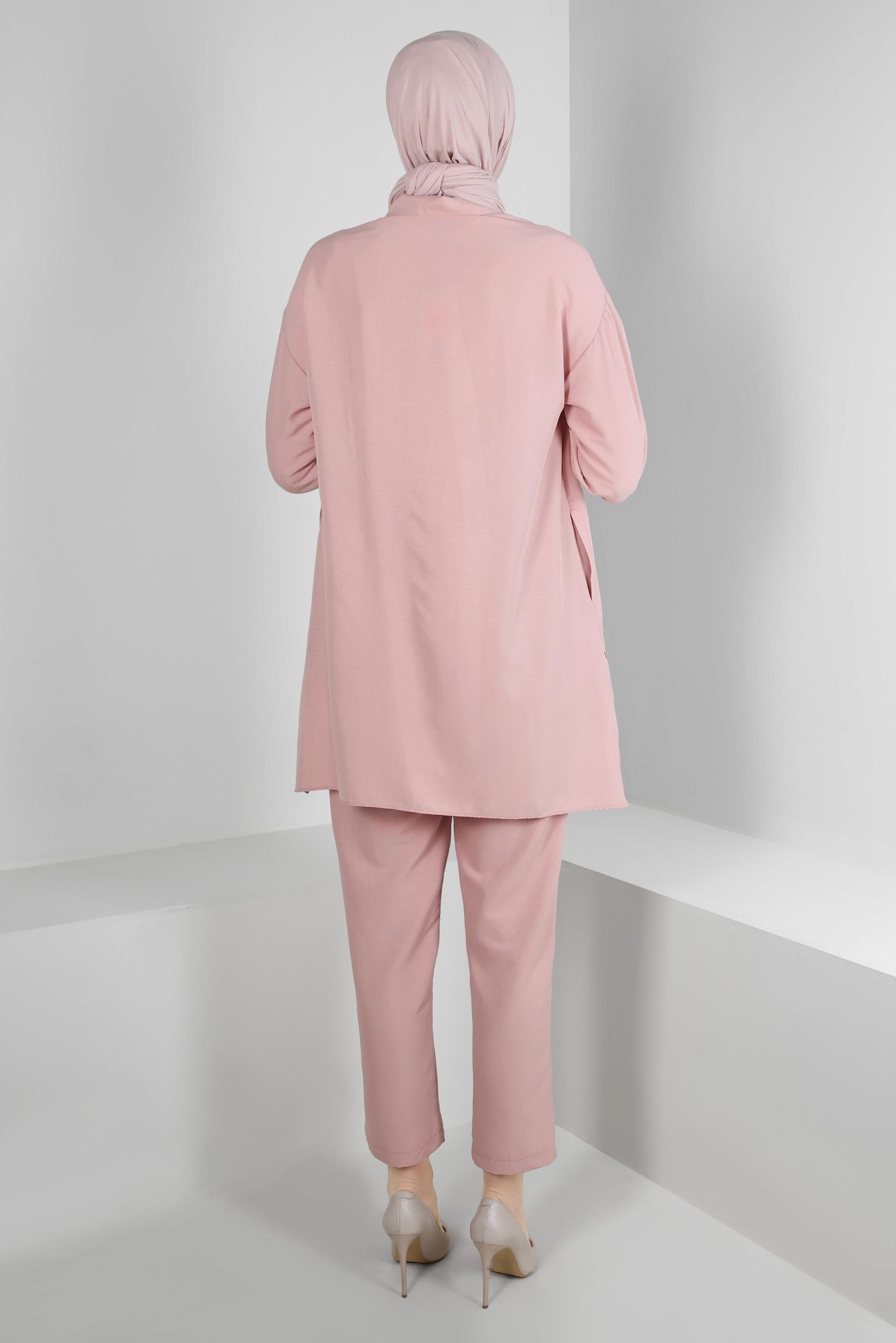 Tesettür giyim PUDRA GÖMLEK YAKA DÜĞMELİ İKİLİ PANTOLONLU TAKIM 43597