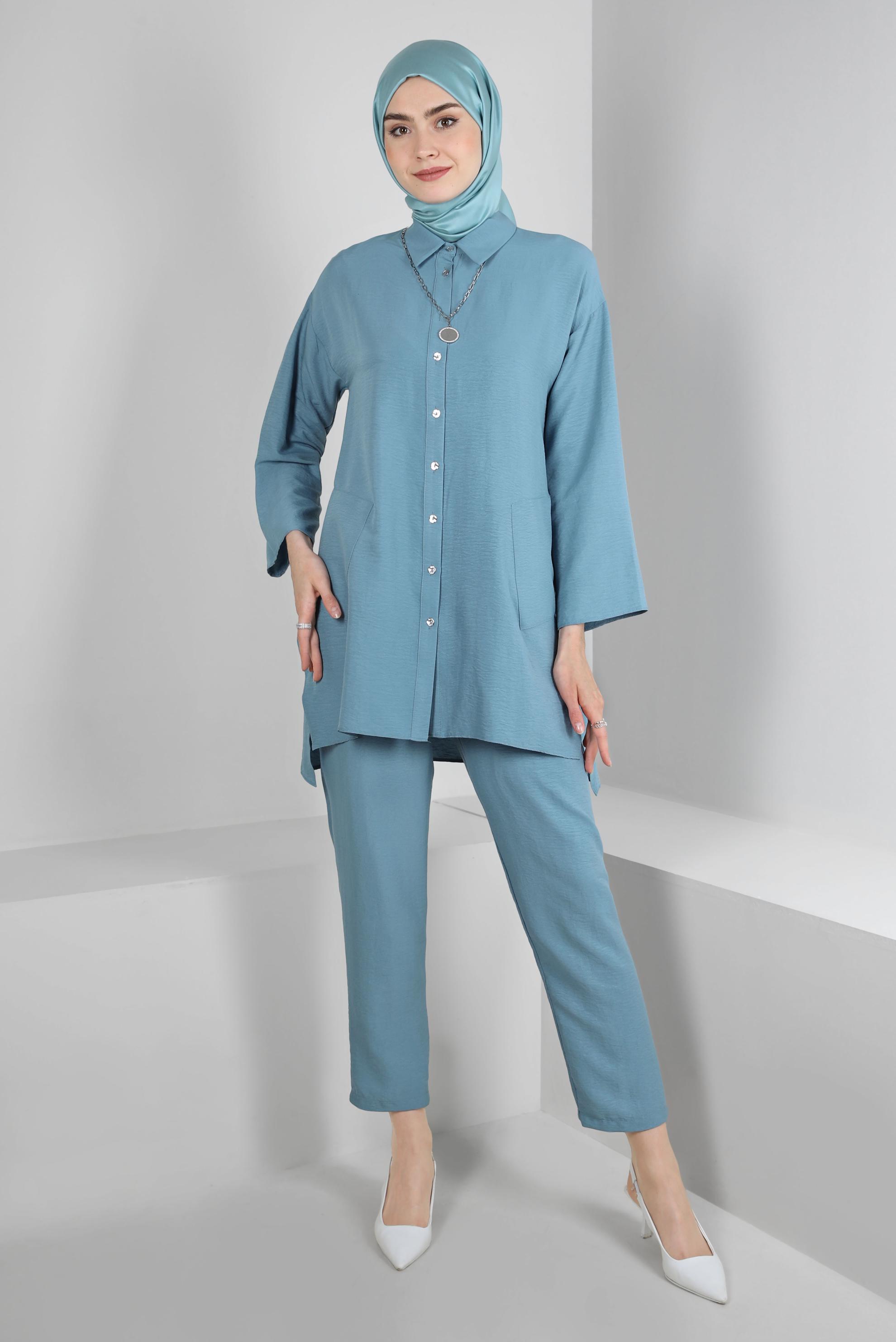 Tesettür giyim MAVİ GÖMLEK YAKA DÜĞMELİ İKİLİ PANTOLONLU TAKIM 43597