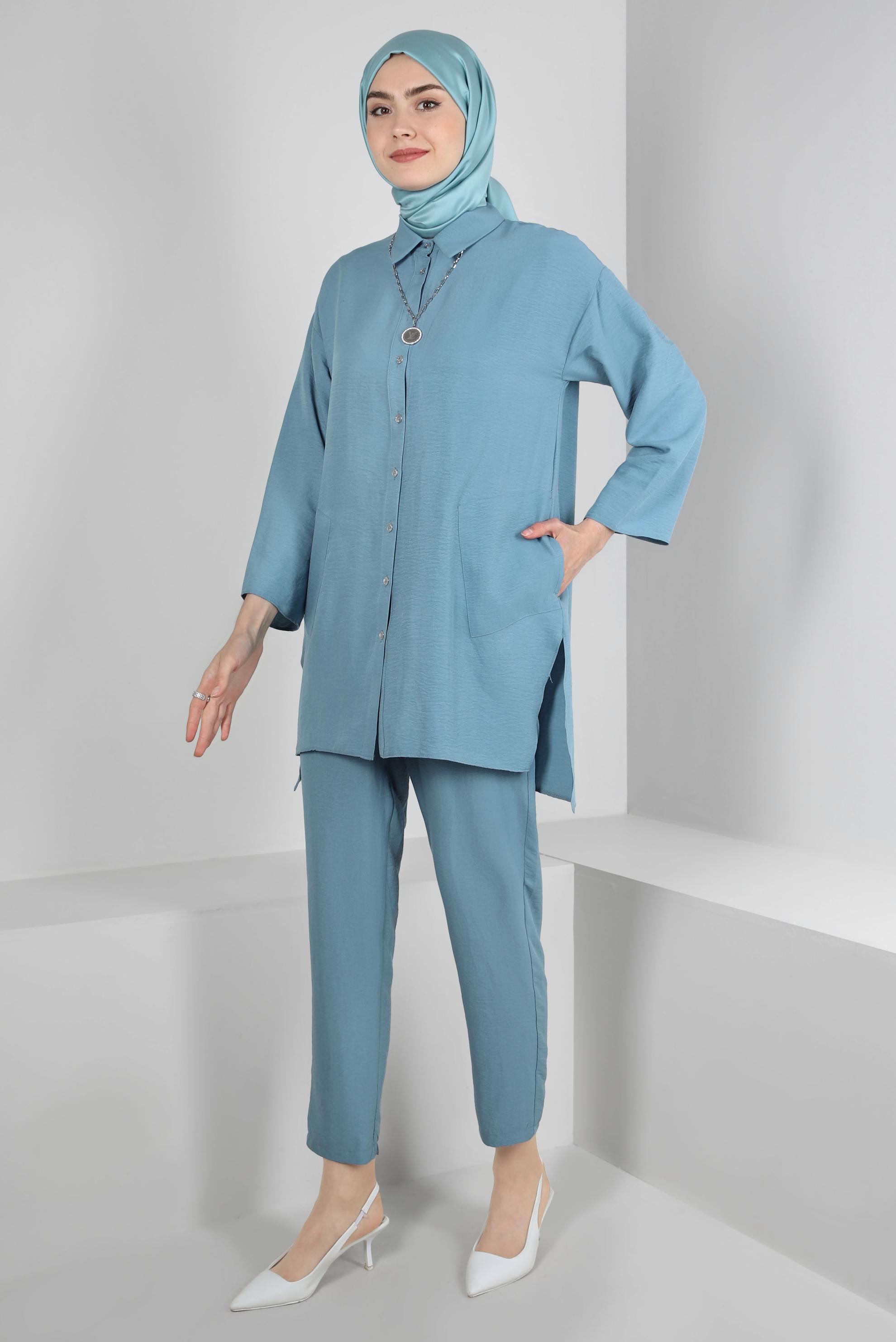 Tesettür giyim MAVİ GÖMLEK YAKA DÜĞMELİ İKİLİ PANTOLONLU TAKIM 43597