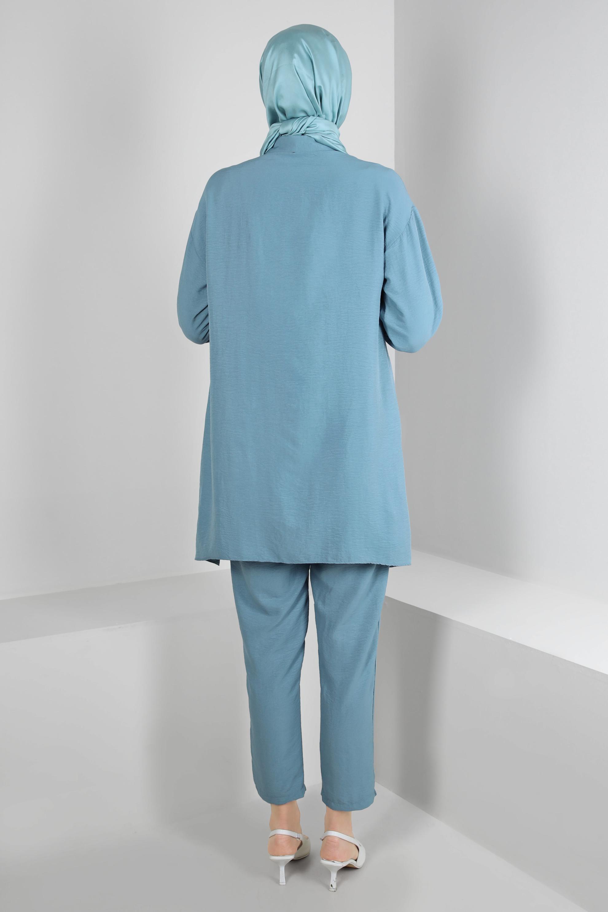 Tesettür giyim MAVİ GÖMLEK YAKA DÜĞMELİ İKİLİ PANTOLONLU TAKIM 43597