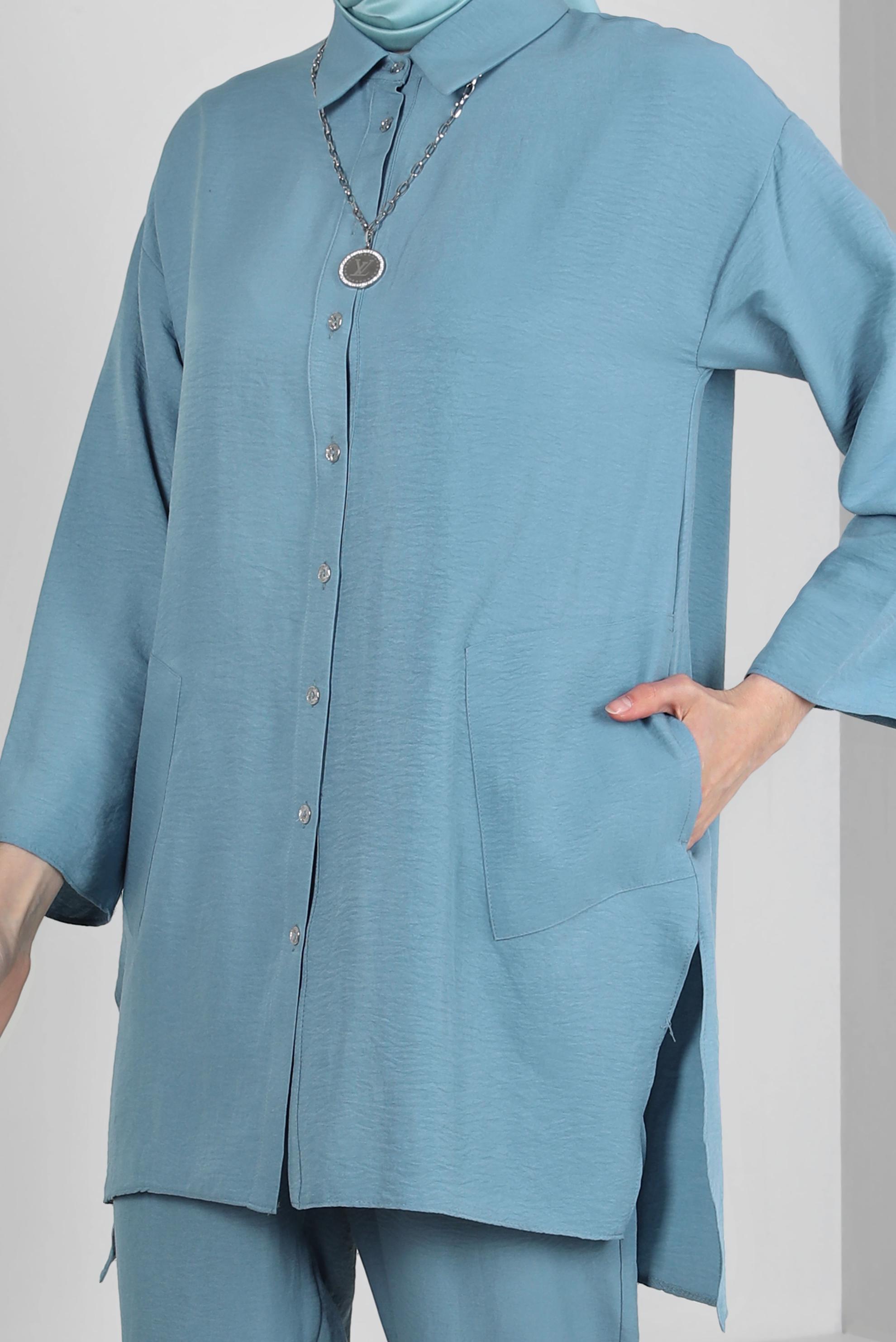 Tesettür giyim MAVİ GÖMLEK YAKA DÜĞMELİ İKİLİ PANTOLONLU TAKIM 43597