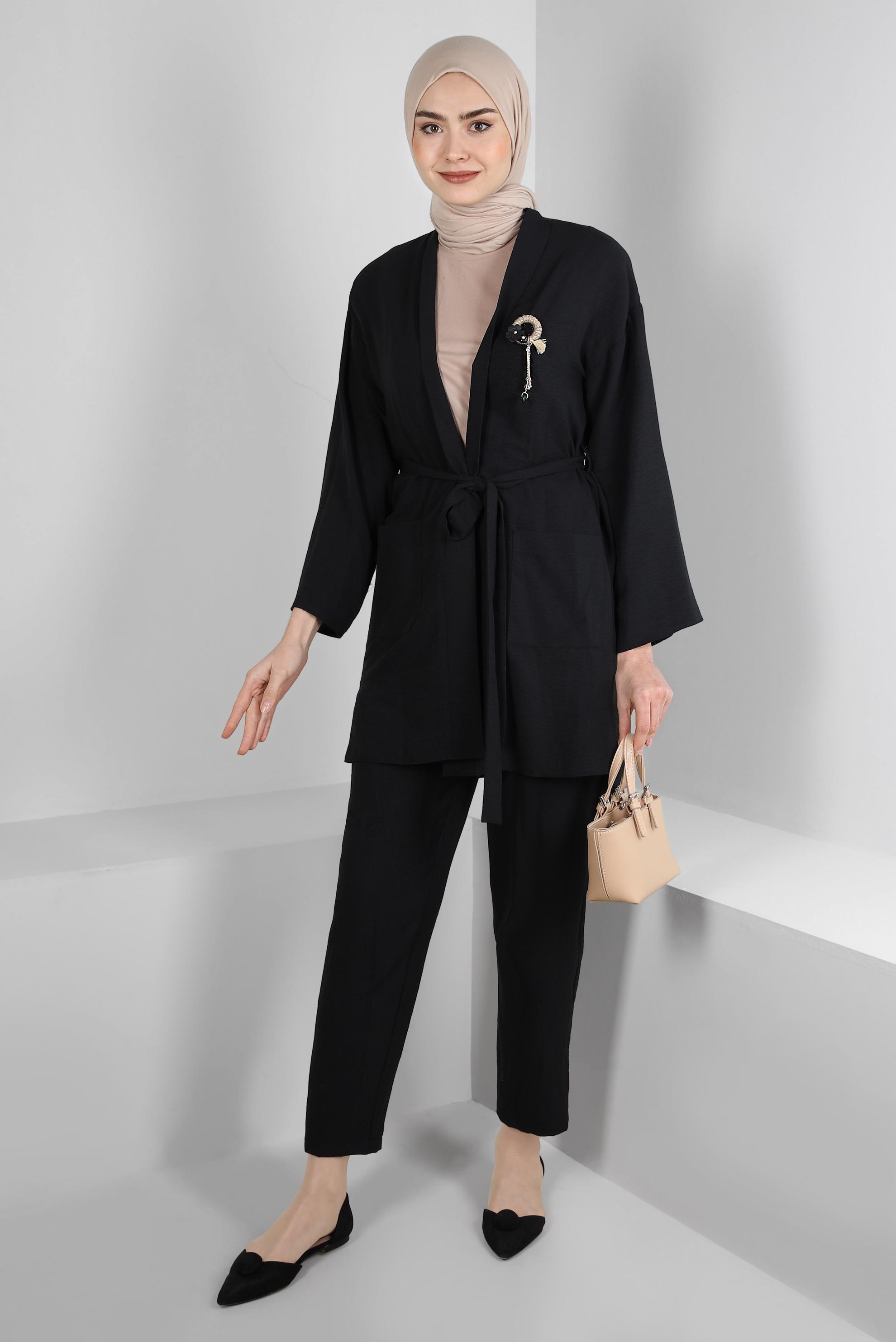 Tesettür giyim SİYAH KUŞAKLI BELİ LASTİKLİ İKİLİ PANTOLONLU TAKIM 43598