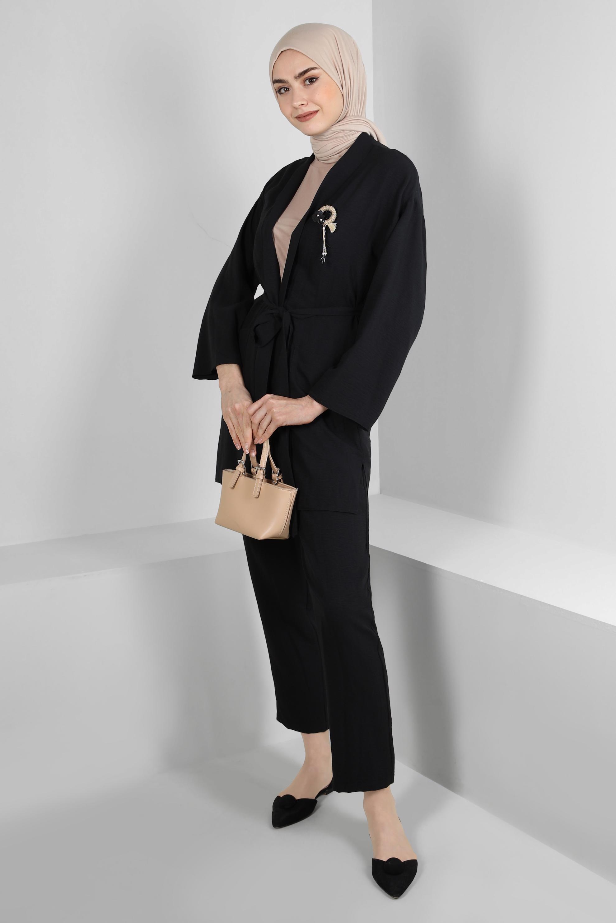 Tesettür giyim SİYAH KUŞAKLI BELİ LASTİKLİ İKİLİ PANTOLONLU TAKIM 43598
