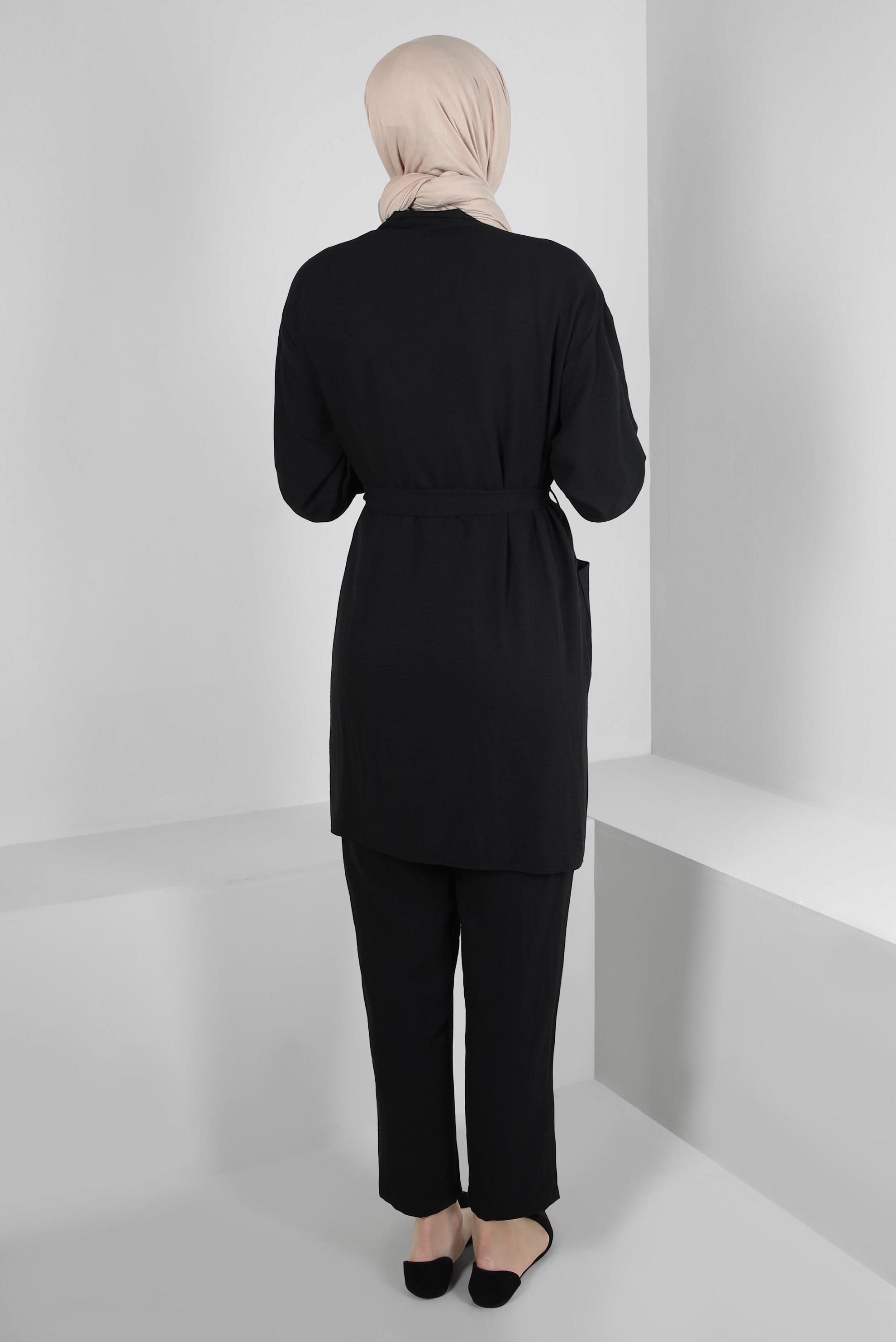 Tesettür giyim SİYAH KUŞAKLI BELİ LASTİKLİ İKİLİ PANTOLONLU TAKIM 43598
