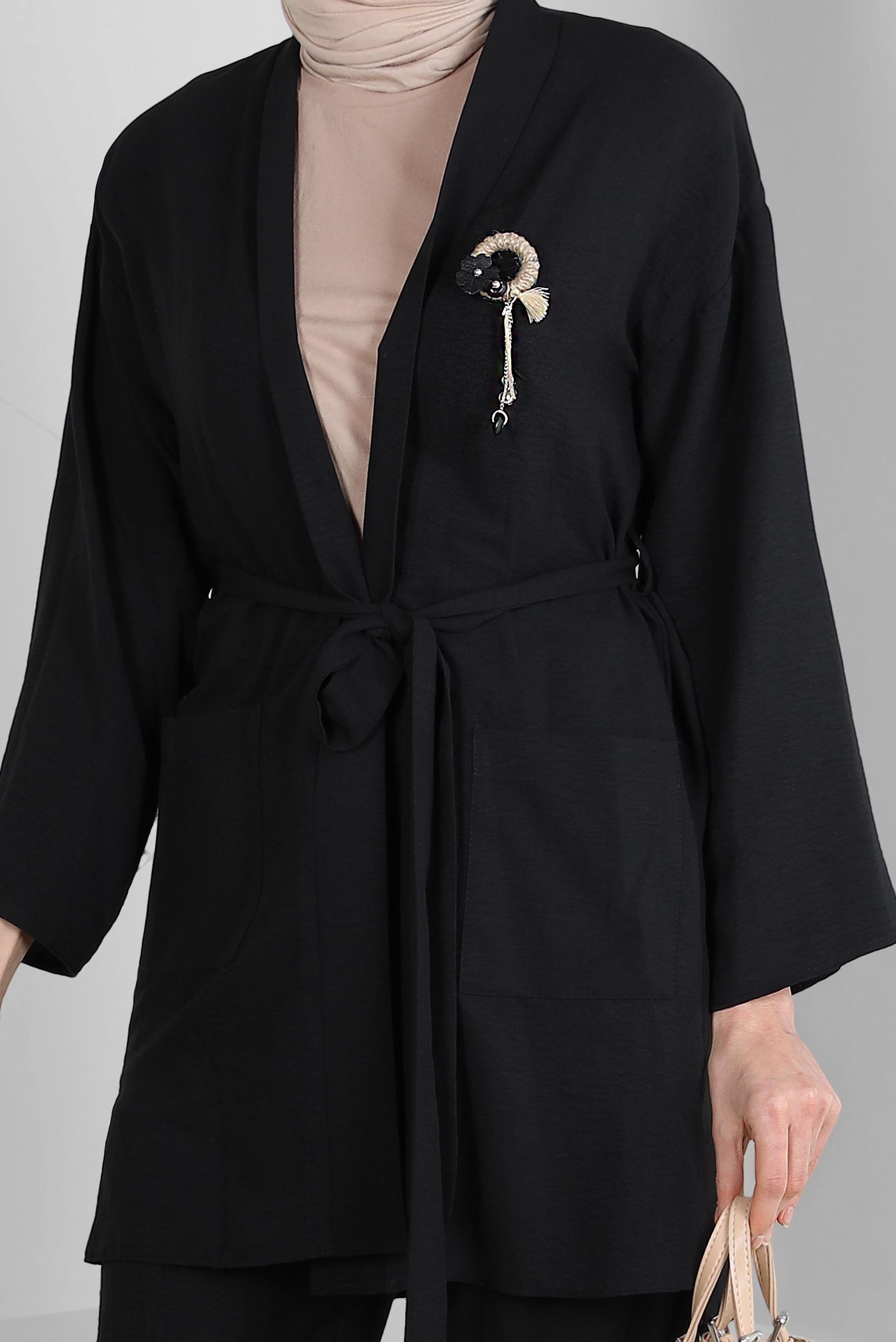 Tesettür giyim SİYAH KUŞAKLI BELİ LASTİKLİ İKİLİ PANTOLONLU TAKIM 43598