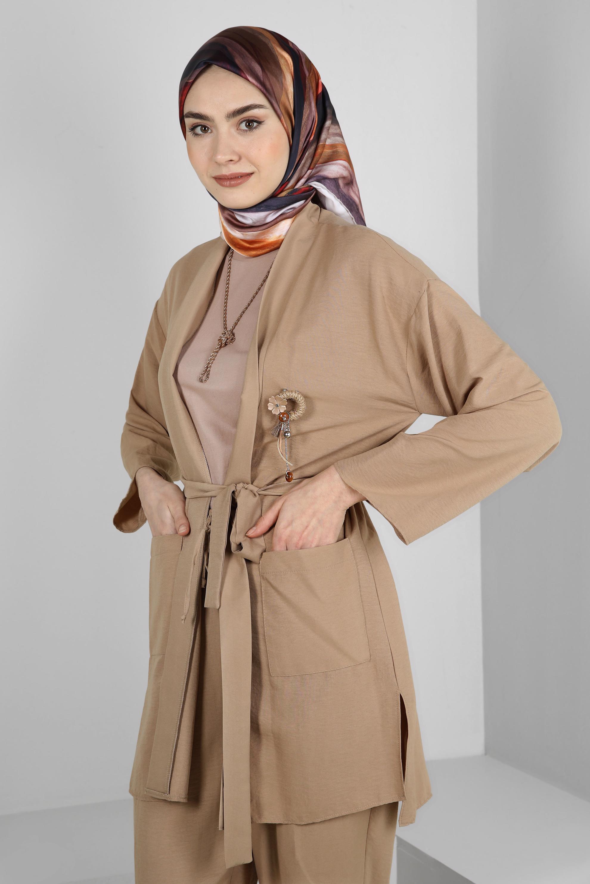 Tesettür giyim KAHVE KUŞAKLI BELİ LASTİKLİ İKİLİ PANTOLONLU TAKIM 43598