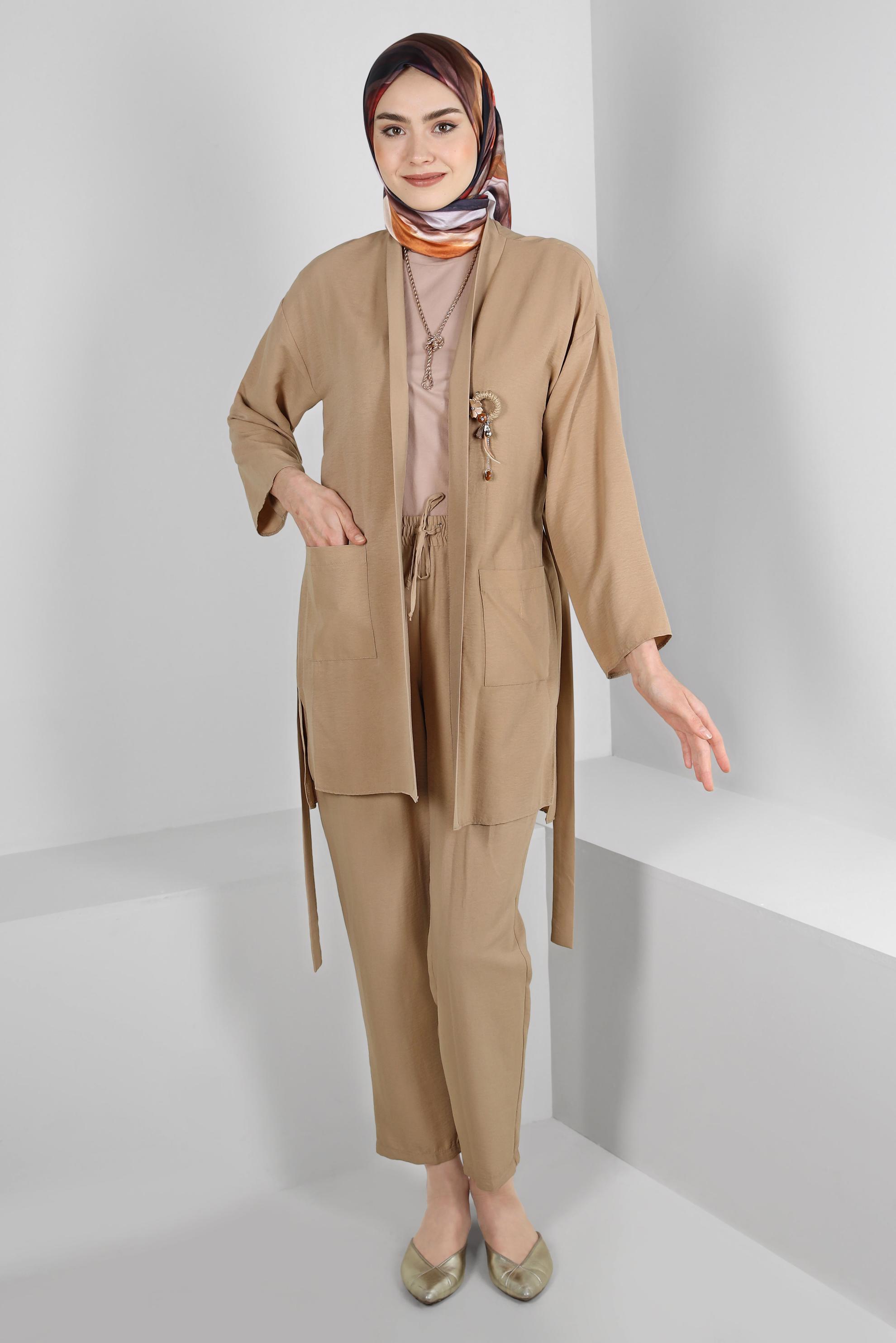 Tesettür giyim KAHVE KUŞAKLI BELİ LASTİKLİ İKİLİ PANTOLONLU TAKIM 43598