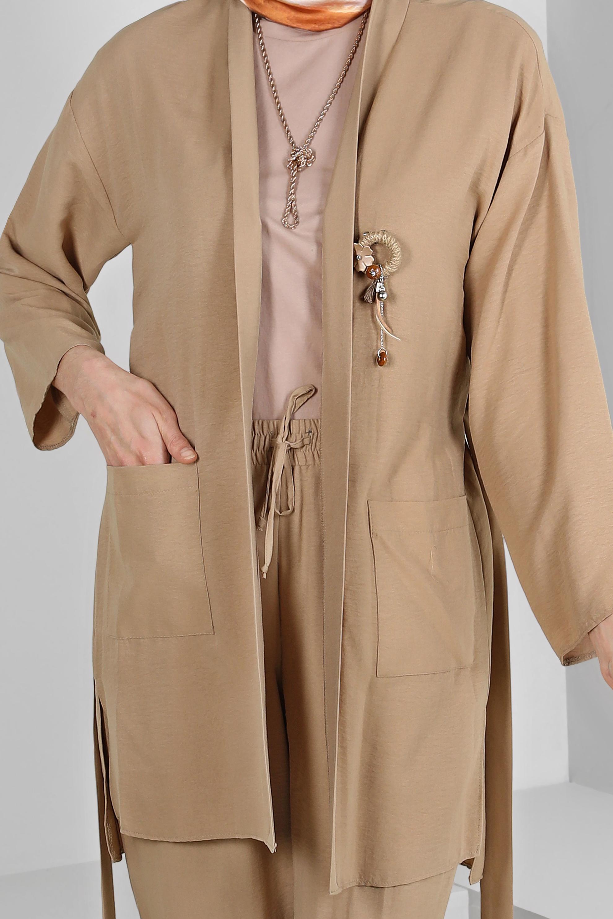 Tesettür giyim KAHVE KUŞAKLI BELİ LASTİKLİ İKİLİ PANTOLONLU TAKIM 43598