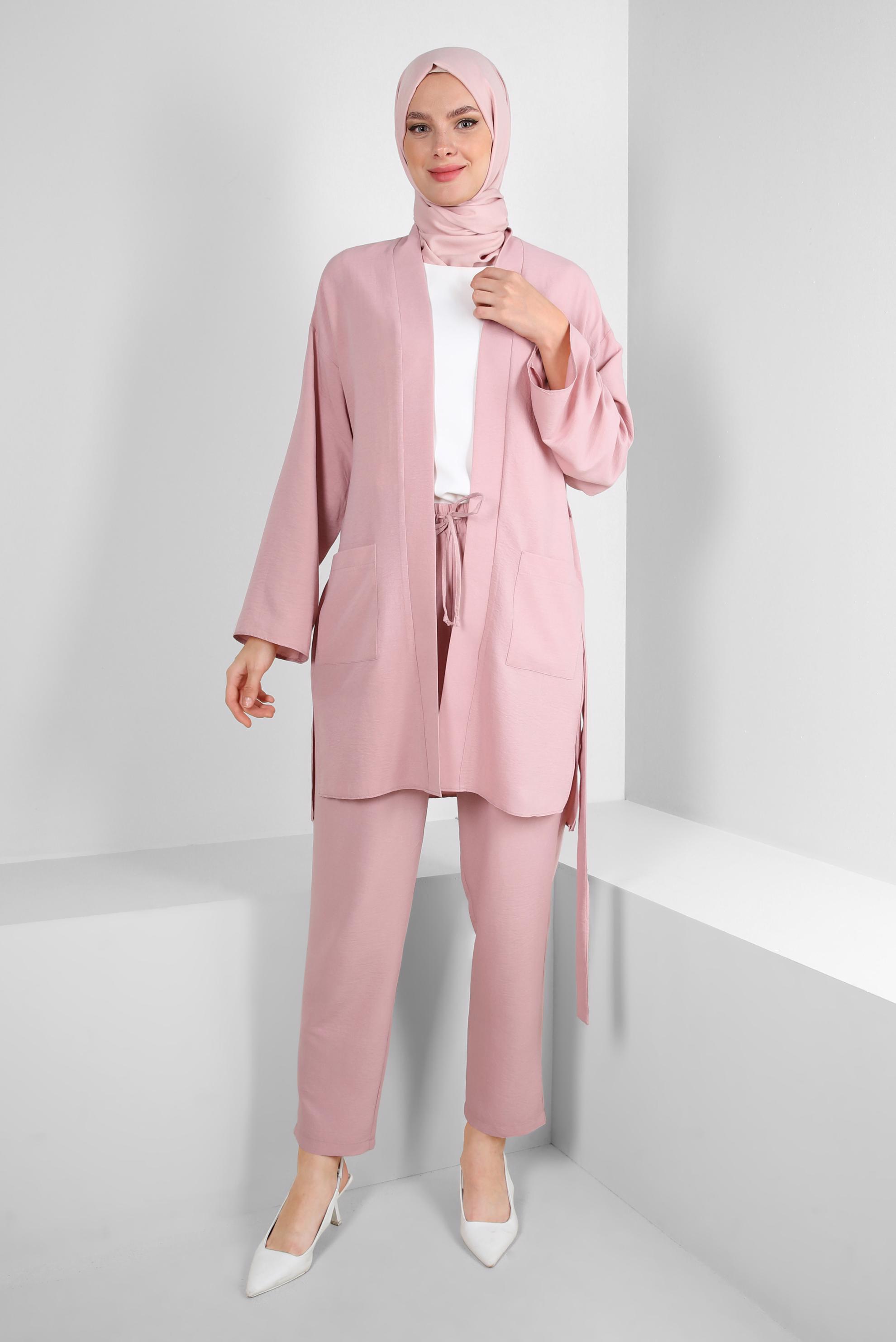 Tesettür giyim PUDRA KUŞAKLI BELİ LASTİKLİ İKİLİ PANTOLONLU TAKIM 43598