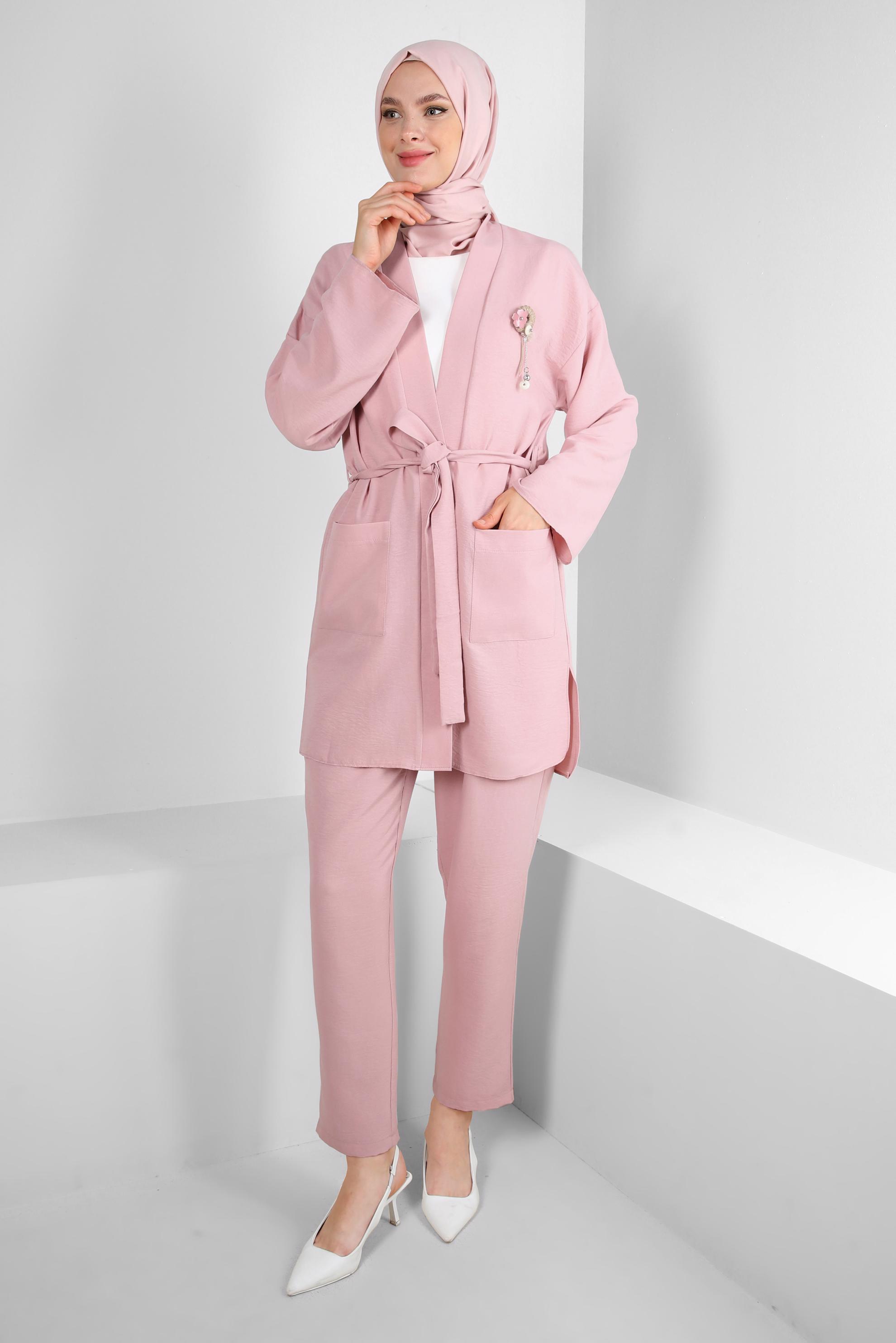 Tesettür giyim PUDRA KUŞAKLI BELİ LASTİKLİ İKİLİ PANTOLONLU TAKIM 43598