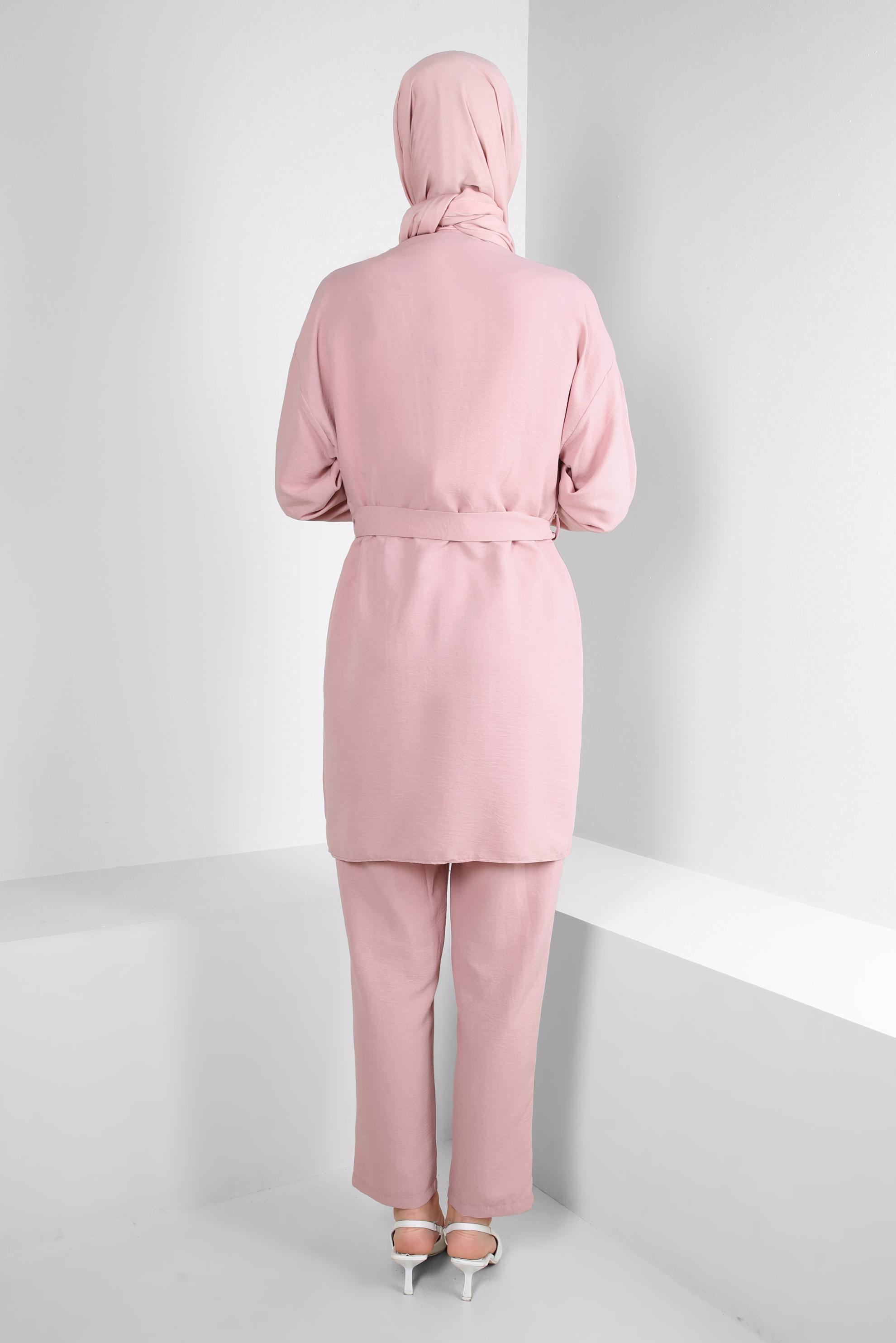 Tesettür giyim PUDRA KUŞAKLI BELİ LASTİKLİ İKİLİ PANTOLONLU TAKIM 43598