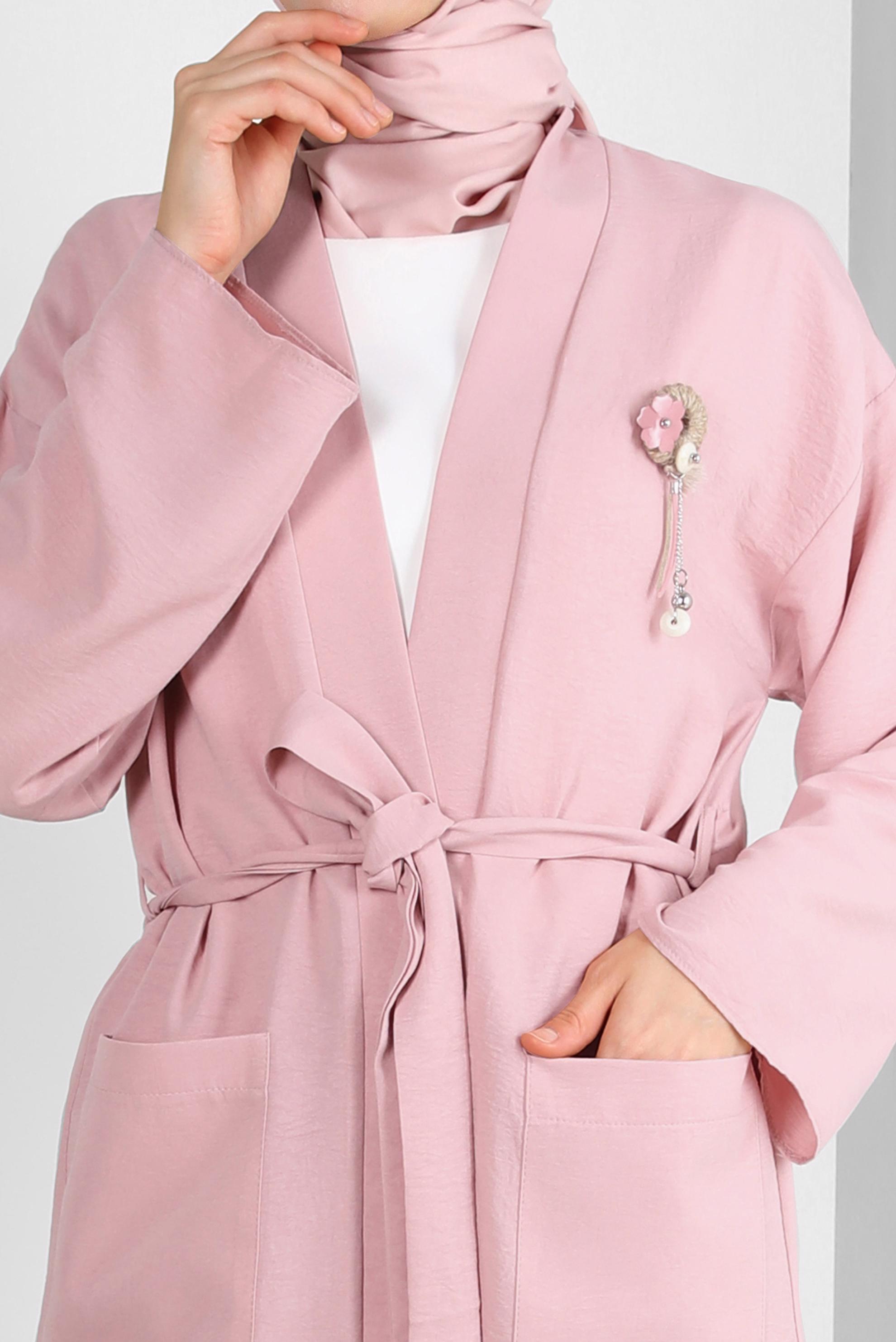 Tesettür giyim PUDRA KUŞAKLI BELİ LASTİKLİ İKİLİ PANTOLONLU TAKIM 43598