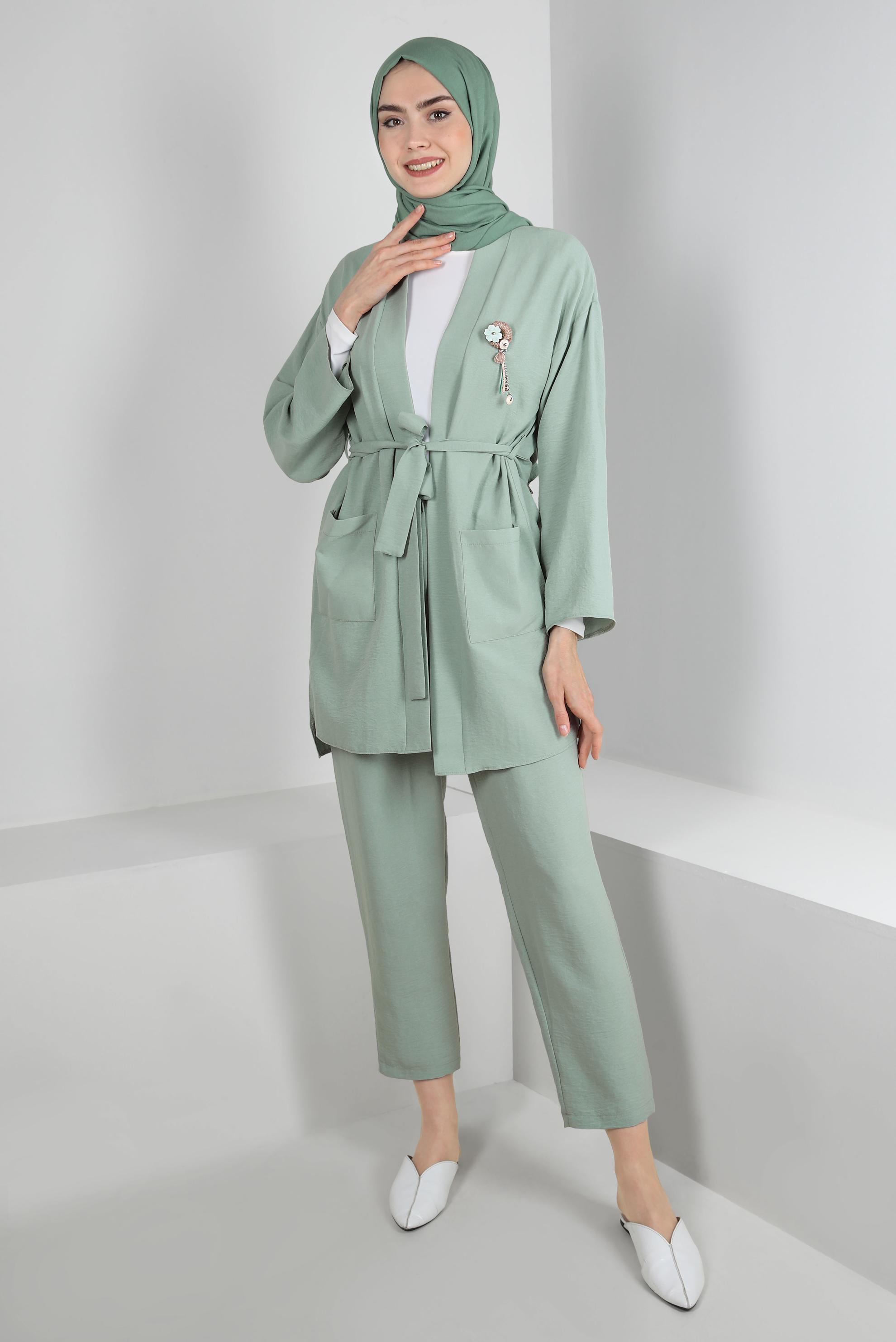 Tesettür giyim MAVİ KUŞAKLI BELİ LASTİKLİ İKİLİ PANTOLONLU TAKIM 43598