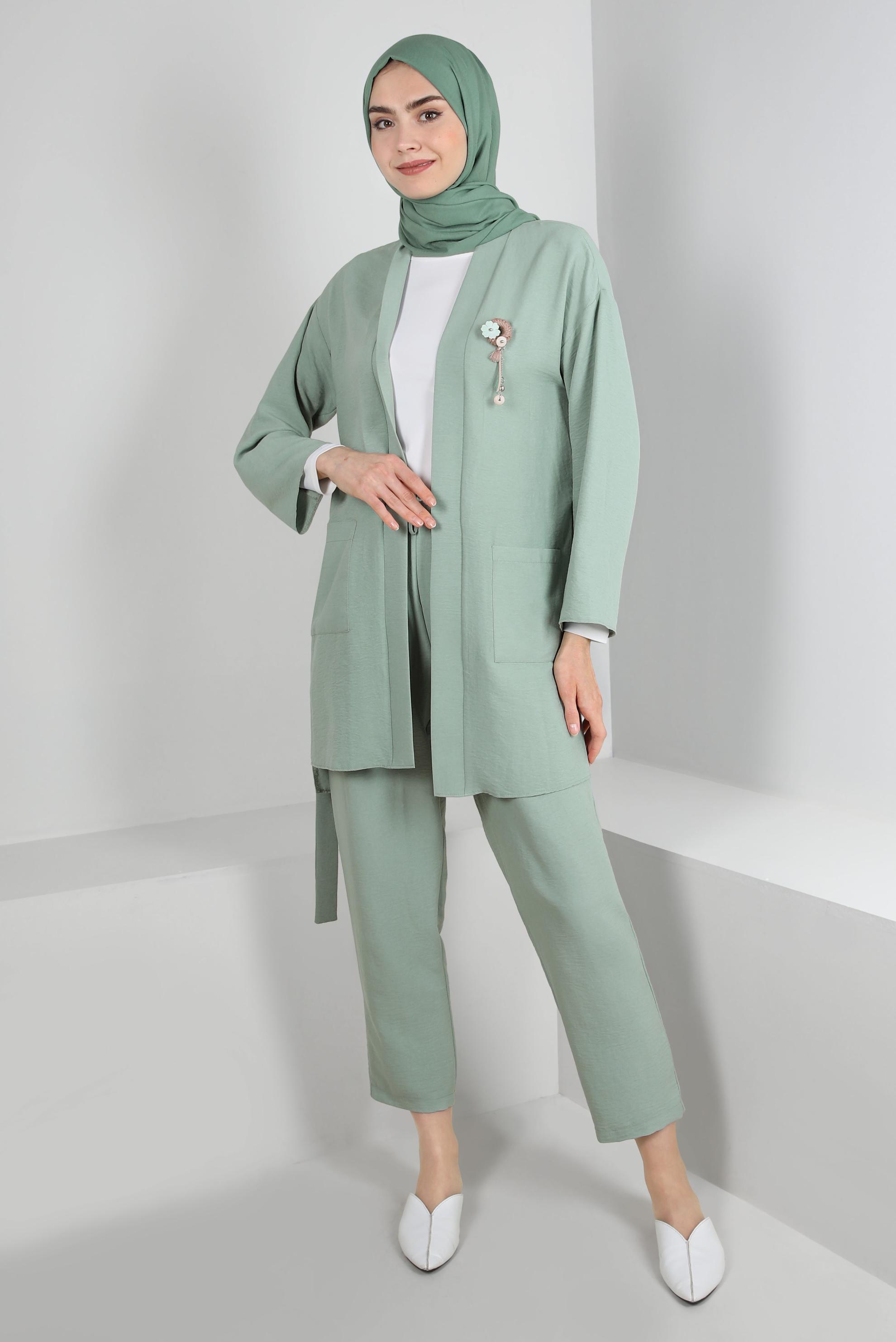 Tesettür giyim MAVİ KUŞAKLI BELİ LASTİKLİ İKİLİ PANTOLONLU TAKIM 43598